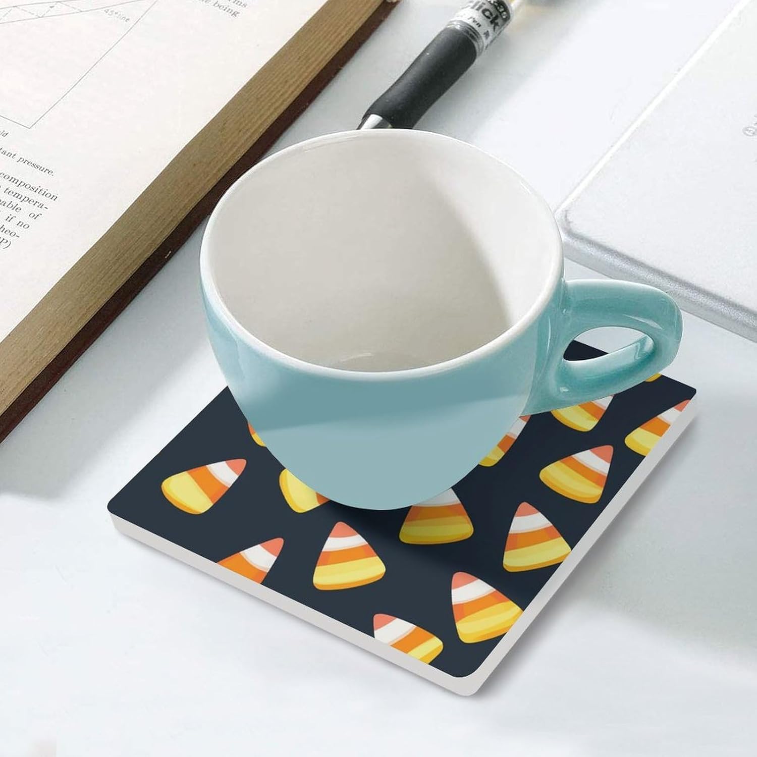 Candy Corn Pattern Funny Ceramic Coasters for Drinks Absorbent Cup Holder Tabletop Protector with Cork Base