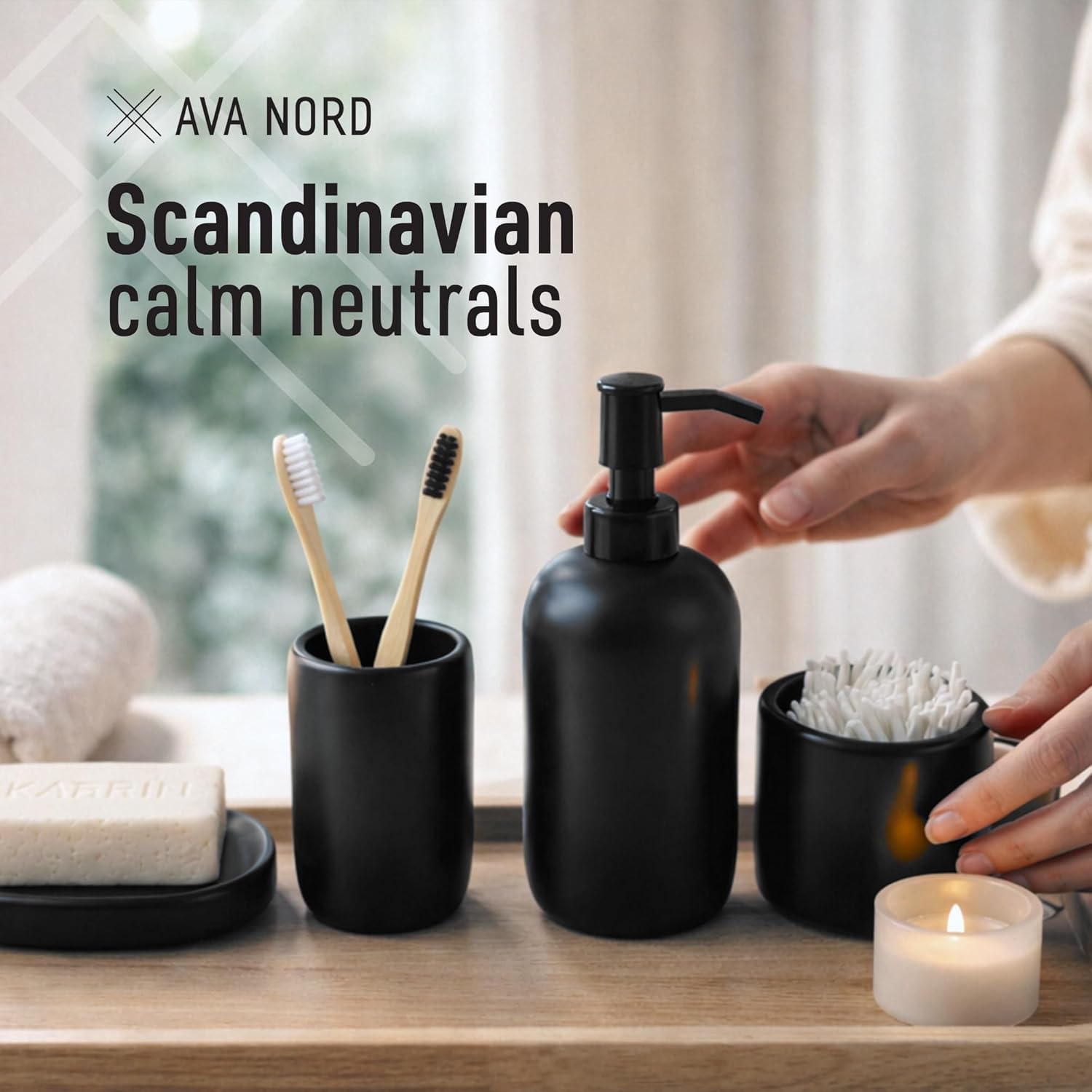 Ceramic Bathroom Accessories Set 4 Pcs – Modern Scandinavian Neutral Bathroom Soap Dispenser Set with Toothbrush Holder, Soap Dish & Cup – Minimalist Bathroom Accessory Set Decor - Black