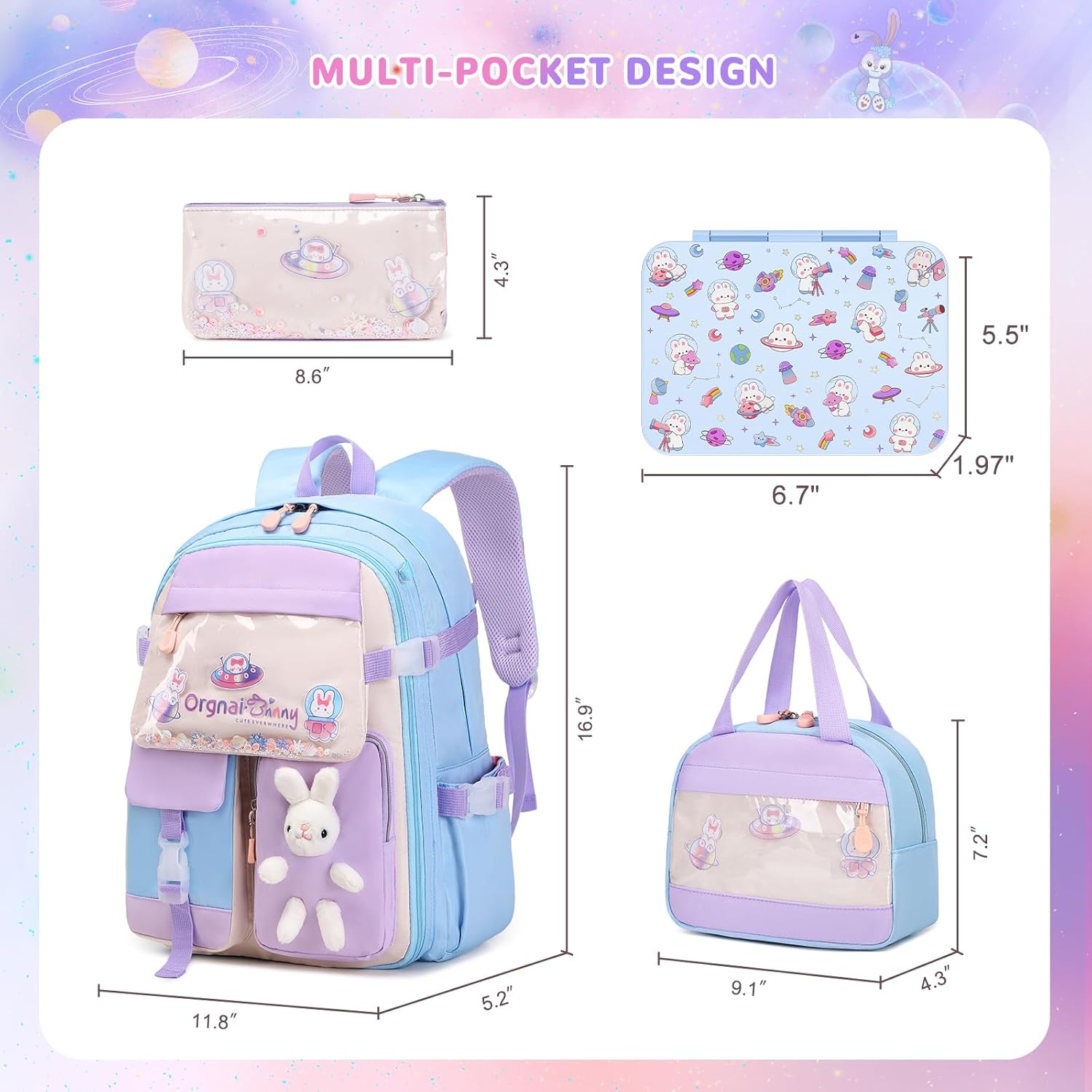 Girls Backpack with Bento Lunch Box Set, Kawaii Bunny School Backpack for Girls with Leak-proof Lunch Containers Lunch Bag Pencil Case for Kindergarten Elementary Preschool School Blue - Image 2
