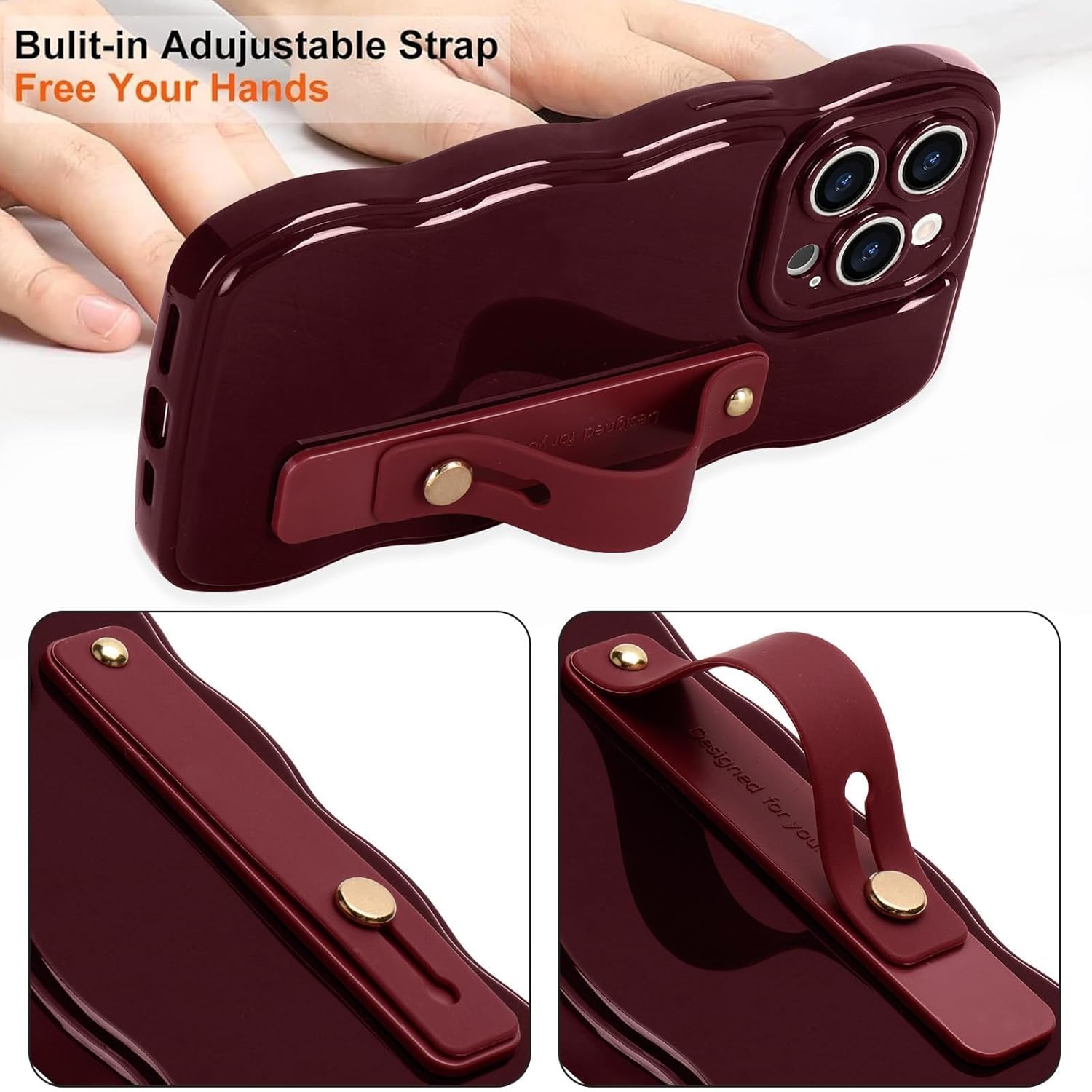 LAPOPNUT for iPhone 15 Pro Max Case for Women Girls,Simple Curly Wave Frame Design Soft Silicone Phone Case with Adjustable Wrist Strap Kickstand for iPhone 15 Pro Max Protective Cover,Wine Red - Image 6