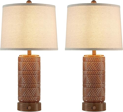 Miniatura 8 de RORIA Juego de 2 lámparas de mesa vintage táctiles para sala de estar, lámpara de mesita de noche regulable de 3 vías con 2 puertos USB, lámparas de