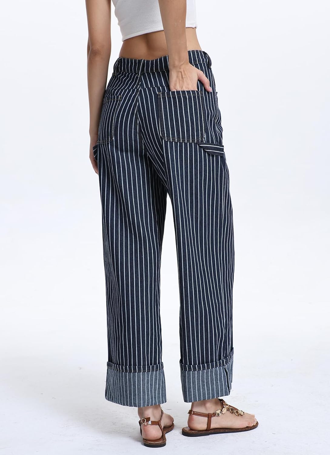 Ladyful Women's Striped Jeans High Waist Cuffed Hem Wide Straight Leg Baggy Jeans Casual Denim Pants with Pockets