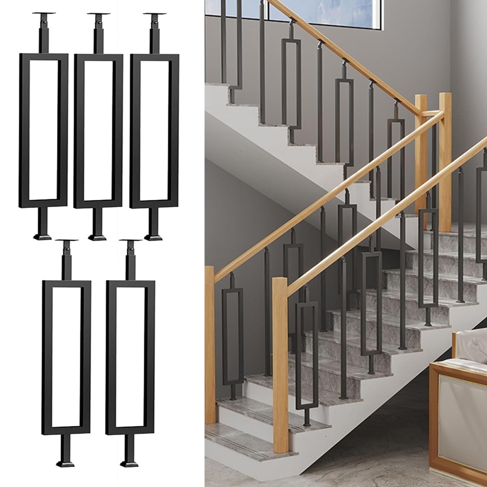 Adjustable Iron Stair Railing - Rectangular il with Non-Slip Support, Safe Stair Banister, Forged Iron Guardrail for Stairs