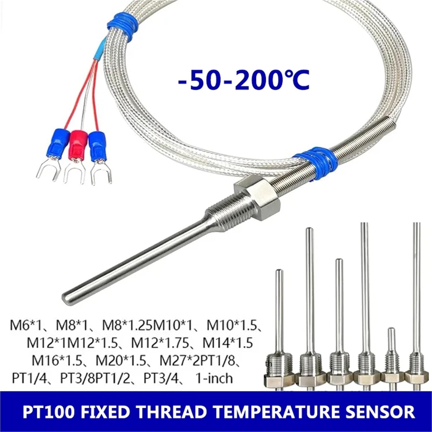 PT100 Temperature Sensor RTD Probe Stainless Steel Industrial Threaded Resistance Detector PTFE Line 1Pcs(M18-1.5)
