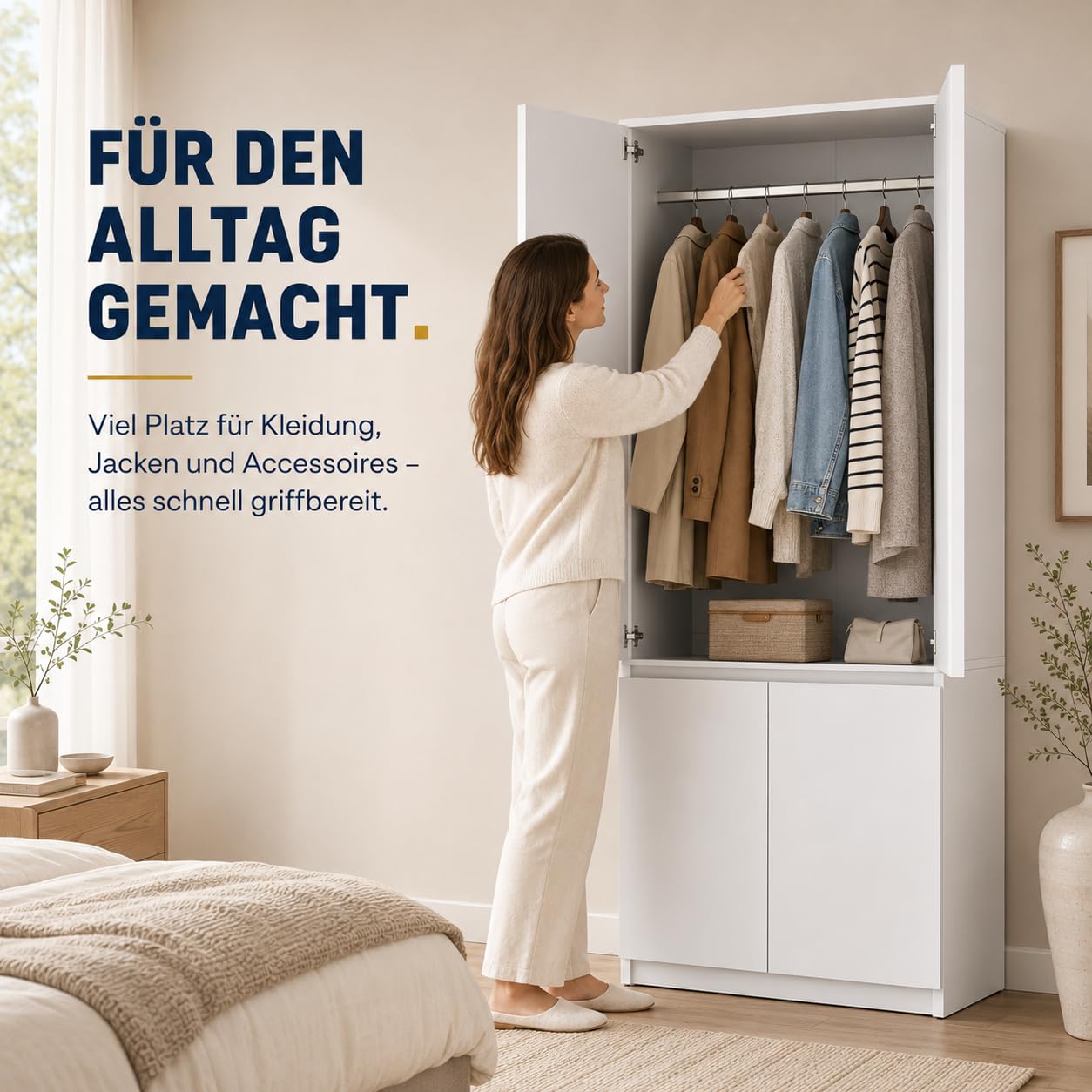 ELVA Kleiderschrank 80 cm – Grifflose Garderobe mit 4 Türen, Schrank für Schlafzimmer, Flur & Ankleidezimmer – 80x181,5x50 cm (Matt Weiß)