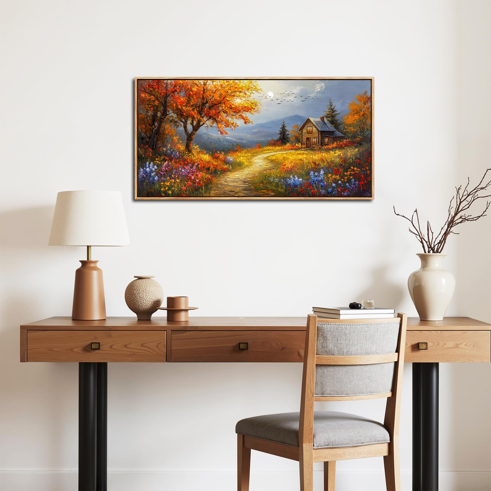 SERIMINO Quadro Moderno Fiori Paesaggio con Cornice Grandi 50x100 cm | Fiori Selvatici, Legno Massello, Tela Densa, Stampa HD, Install Facile, Usi Vari, Regalo