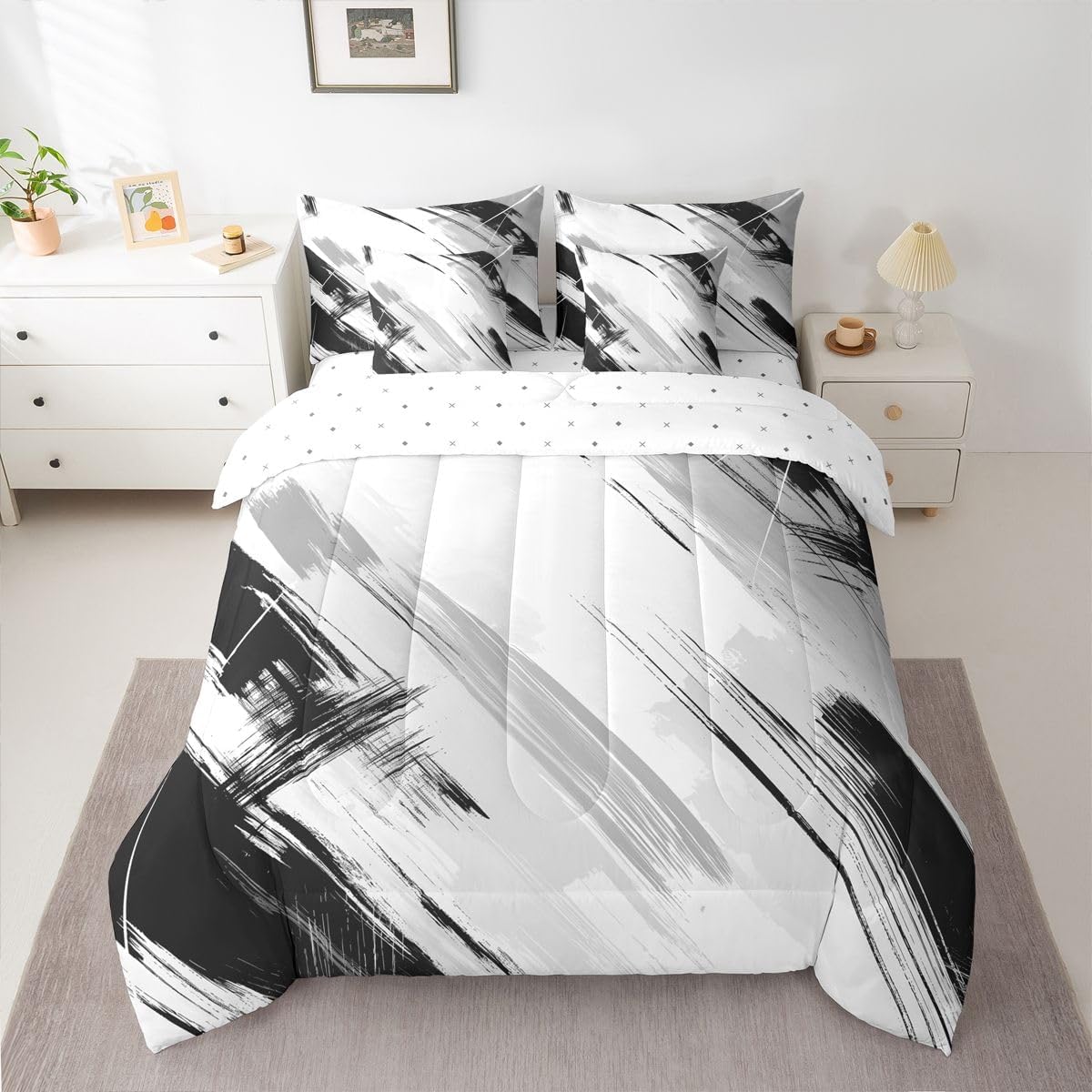 Feelyou Abstract Stripes Comforter Set Queen Size 7 Pieces Geometric Bedding Set for Kids Boys Girls Geometry Bed in a Bag with Comforter, Sheets, Pillowcases, Cushion Covers Modern Striped Art