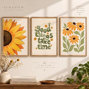 3l  Minimalist Ay i e i ve Motivasyon Yaz l  Poster Seti - Retro Ye il Turuncu Duvar Tablosu, Salon ve Odalar  in  er evesiz Estetik Sanat Bask s