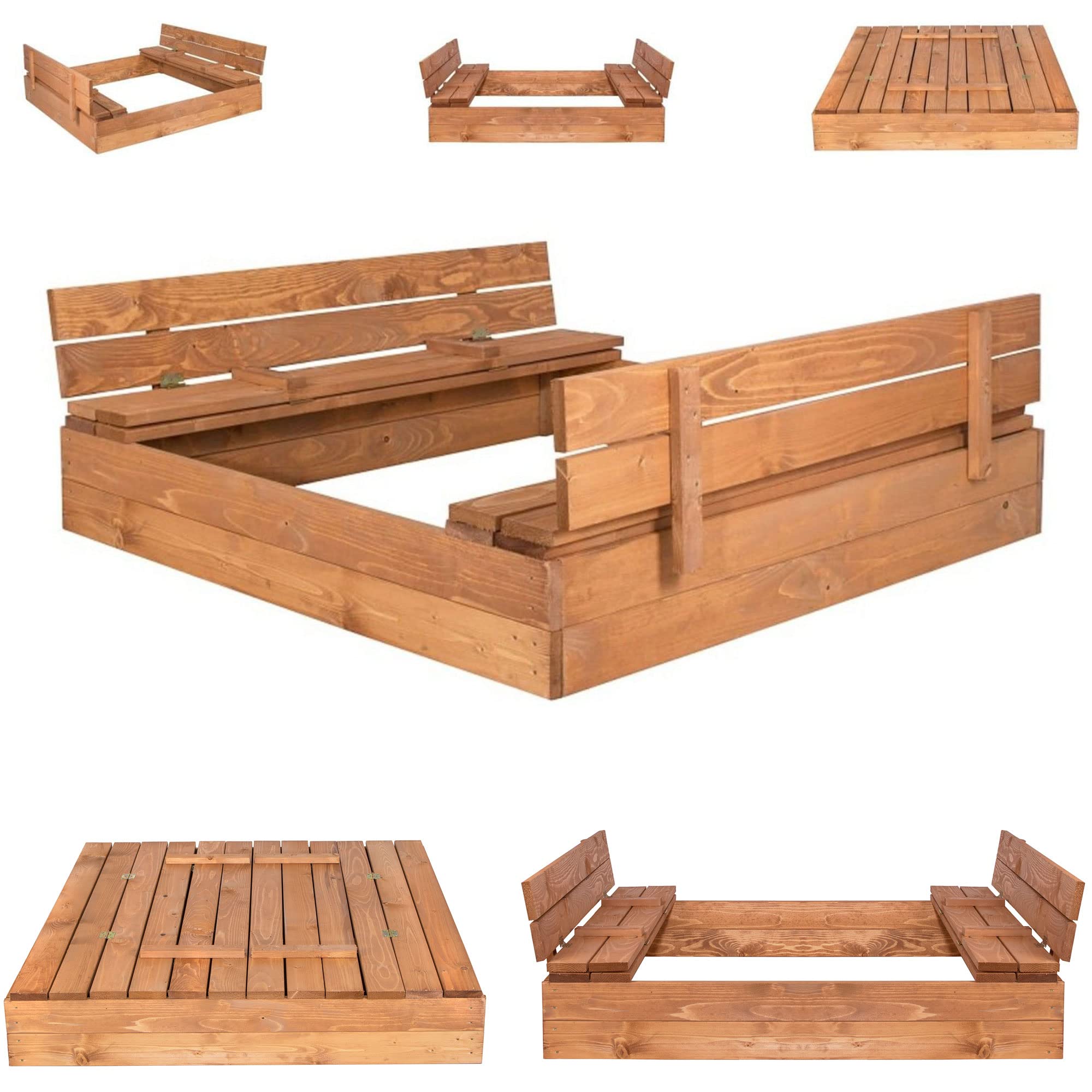 SPRINGOS Bac à sable avec bancs en bois massif 120 x 120 cm avec bâche de sol en non-tissé