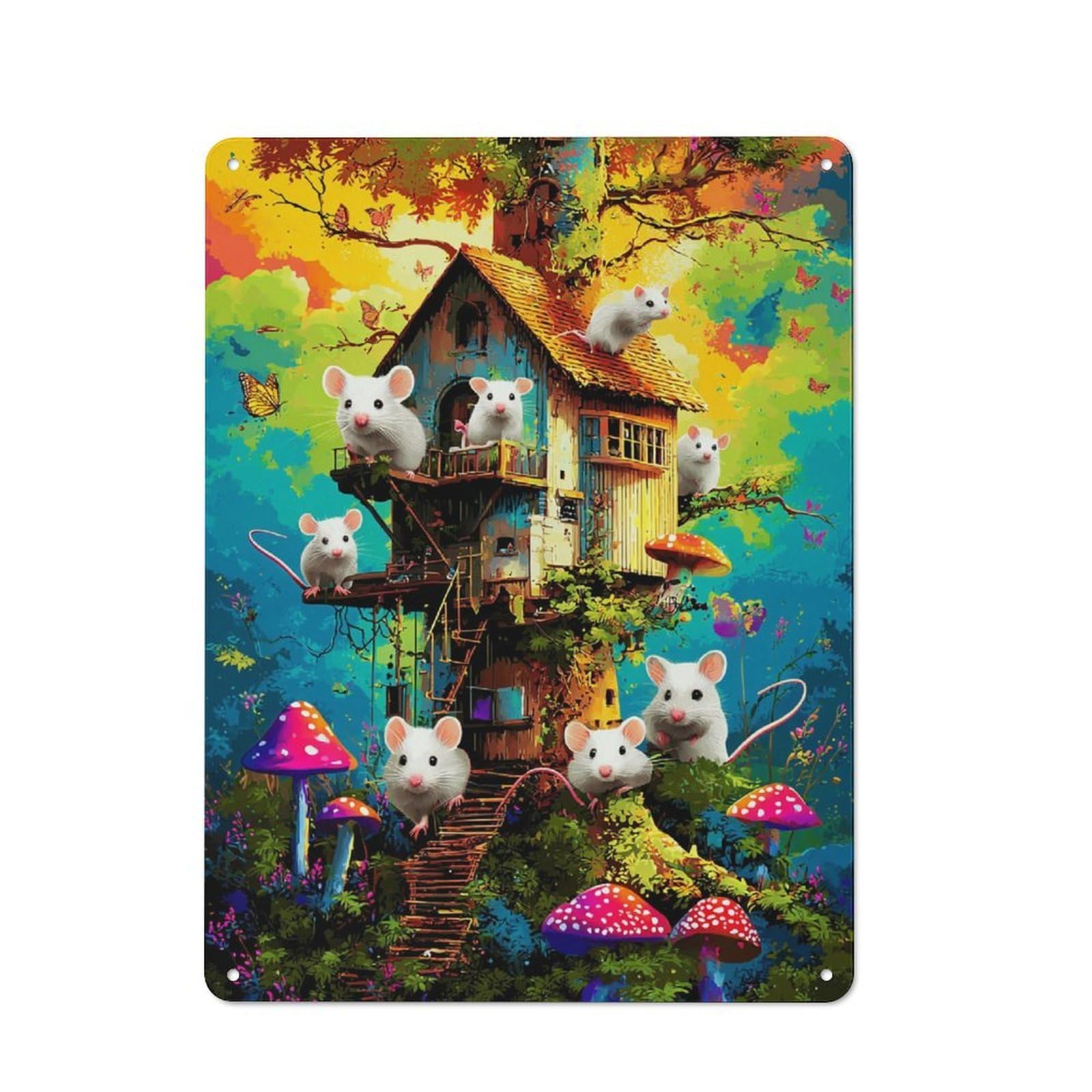Junmoney Whimsical Treehouse With Mice Vintage Tin Sign 40X30cm, Old Fashioned Retro Room Decor For Bedroom, Office, Home Bar Or Dining Room