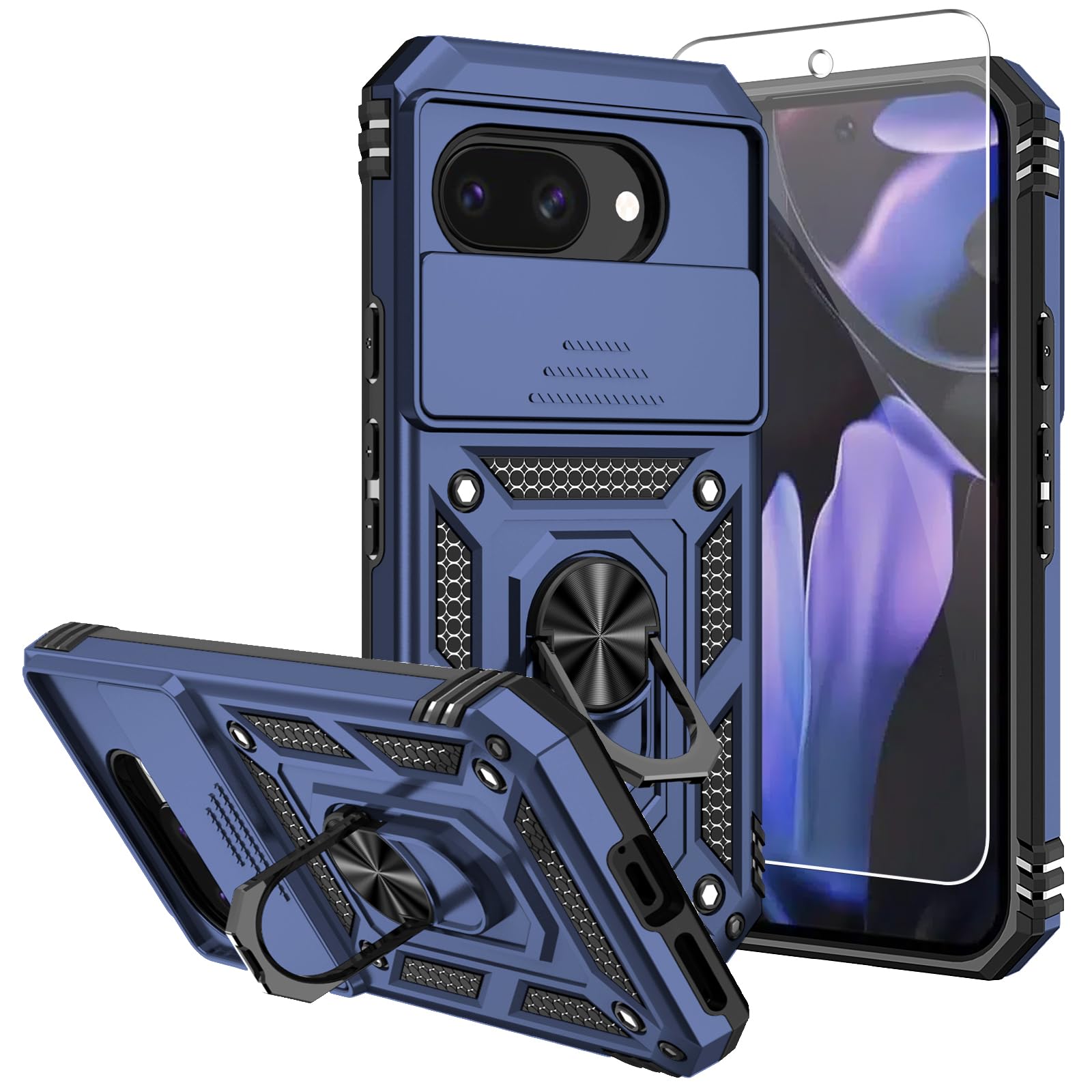 for Pixel 9a Case,with Screen Protectors and Camera Cover,[Military Grade] 16ft.Drop Tested Cover with Magnetic Kickstand Protective Case for Google