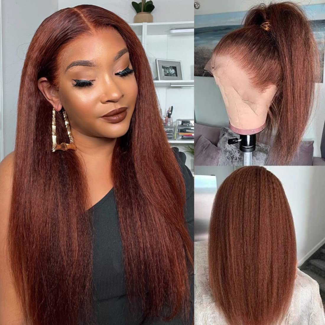 Dinoce Reddish Brown Kinky Straight Wig 13*5 T Part Lace Front Wigs Human Hair 12A Brazilian Virgin Hair Pre plucked with Baby Hair Auburn Kinky Straight Human Hair Wig Colored Wig 150% Density 16inch