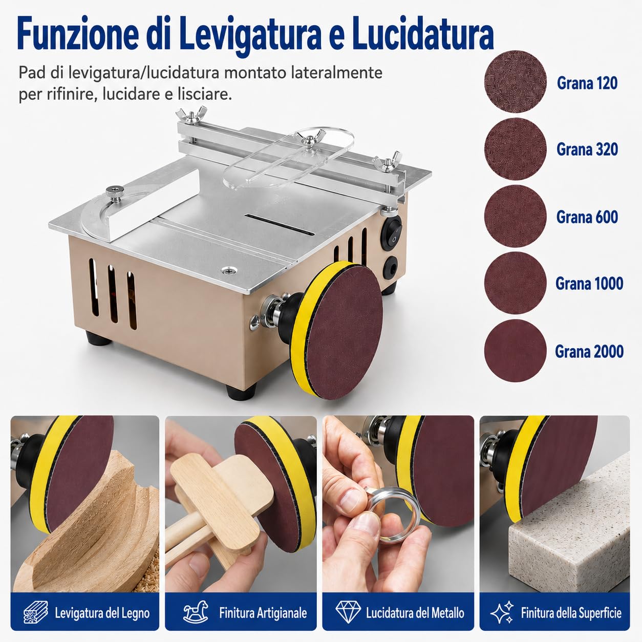 VOBOR Mini Sega Circolare da Tavolo con Disco per Lucidatura e 4 Lame, Altezza Regolabile, Alimentatore a 7 Marce, Lama per Sega da 0,1 a 15 mm, per Legno Fatto a Mano