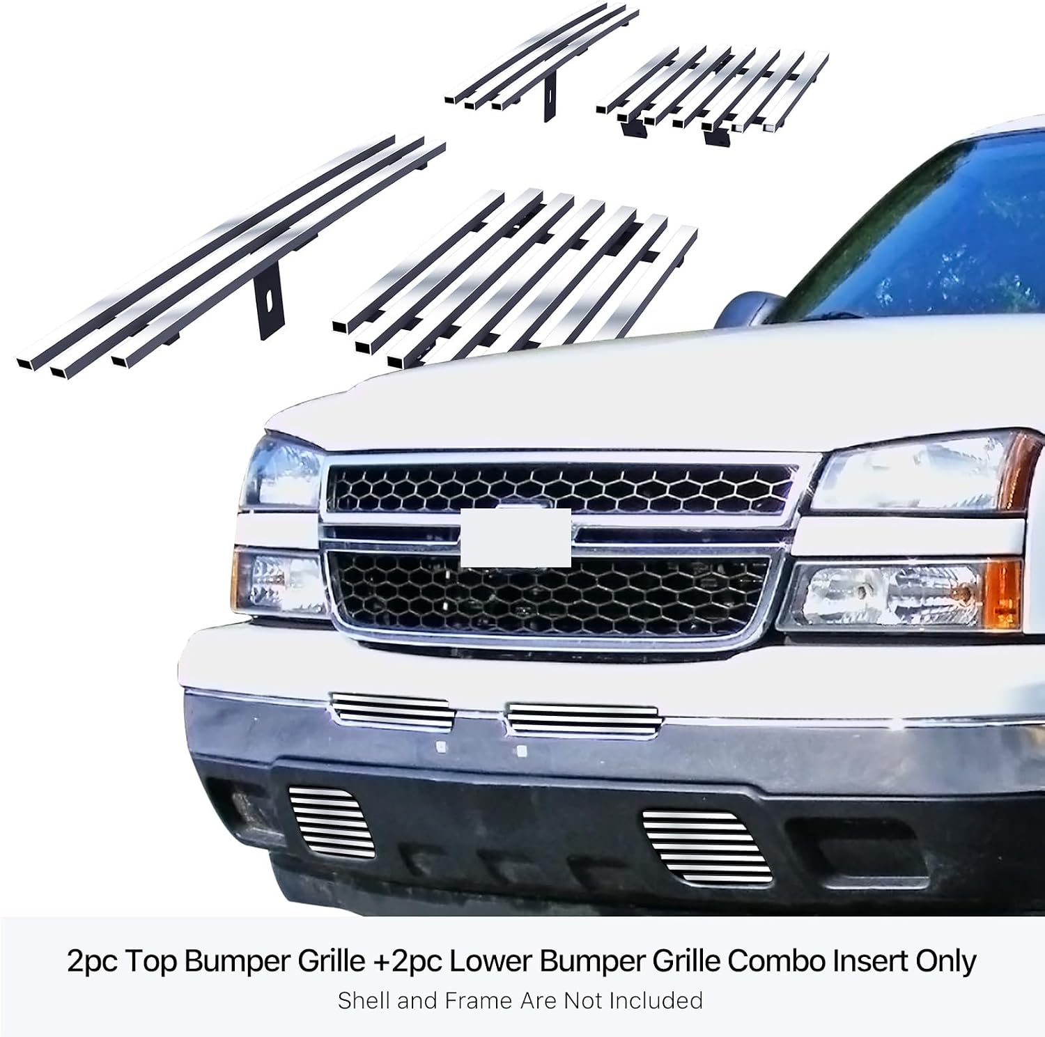 APS Chrome Billet Grille Grill Insert Combo Compatible with Chevy Silverado 1500 2500 3500 2003 2004 2005 2006 & 07 Classic & 02-06 Avalanche Classic Top Bumper Tow Hook N19-A44978C