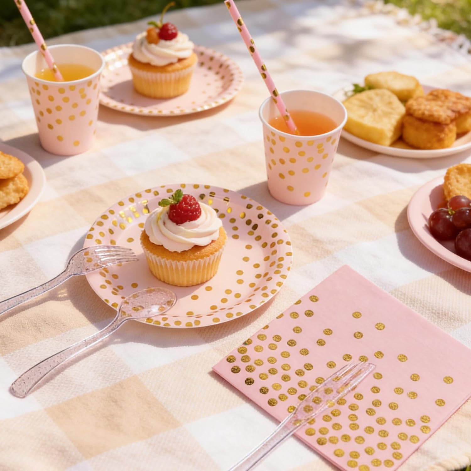 Party Supplies 201pcs Pink & Gold Plates and Napkins Sets - Disposable Dinnerware Sets for 25 Guests with Paper Plates Cups Straws Plastic Cutlery 1 Tablecloth - Bridal Shower Birthday Wedding