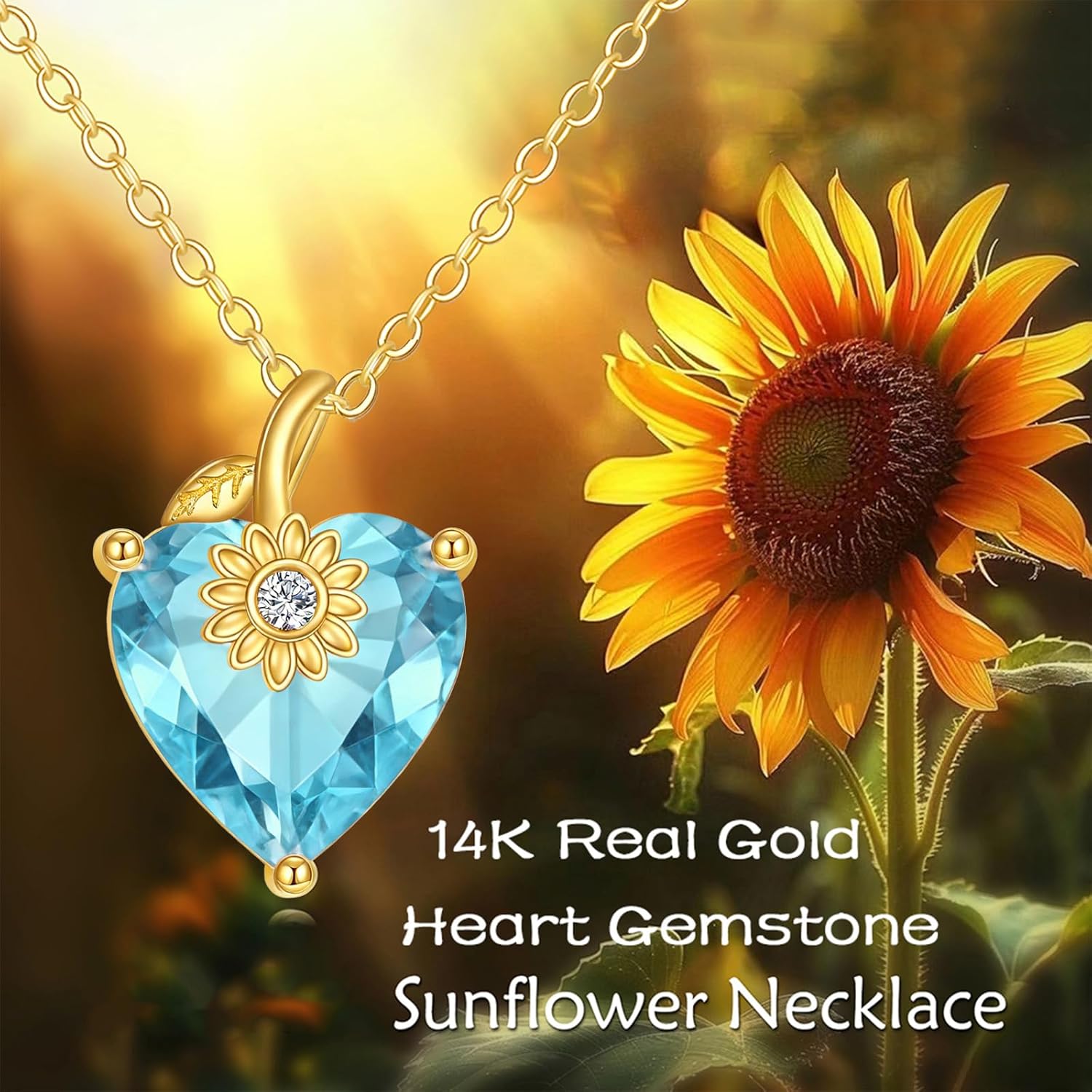 14K Solid Gold Heart Birthstone Necklace 3 Carat Created Gemstone Sunflower Pendant... - Image 6