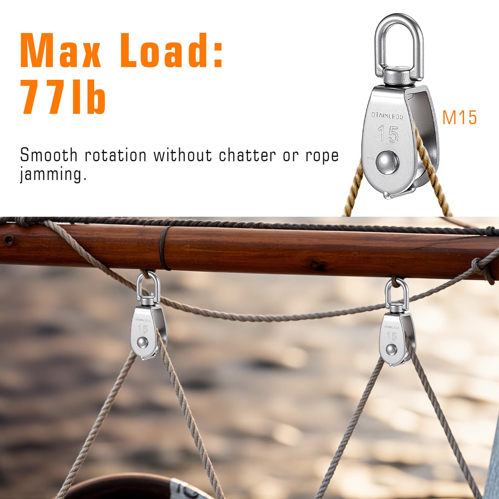 3 poleas pequeñas M15, polea de 15 mm, polea de desviación, 304 ruedas de acero inoxidable, poleas para cuerdas, fitness con rodamiento de bolas, polea para cuerdas de hasta 6 mm de diámetro