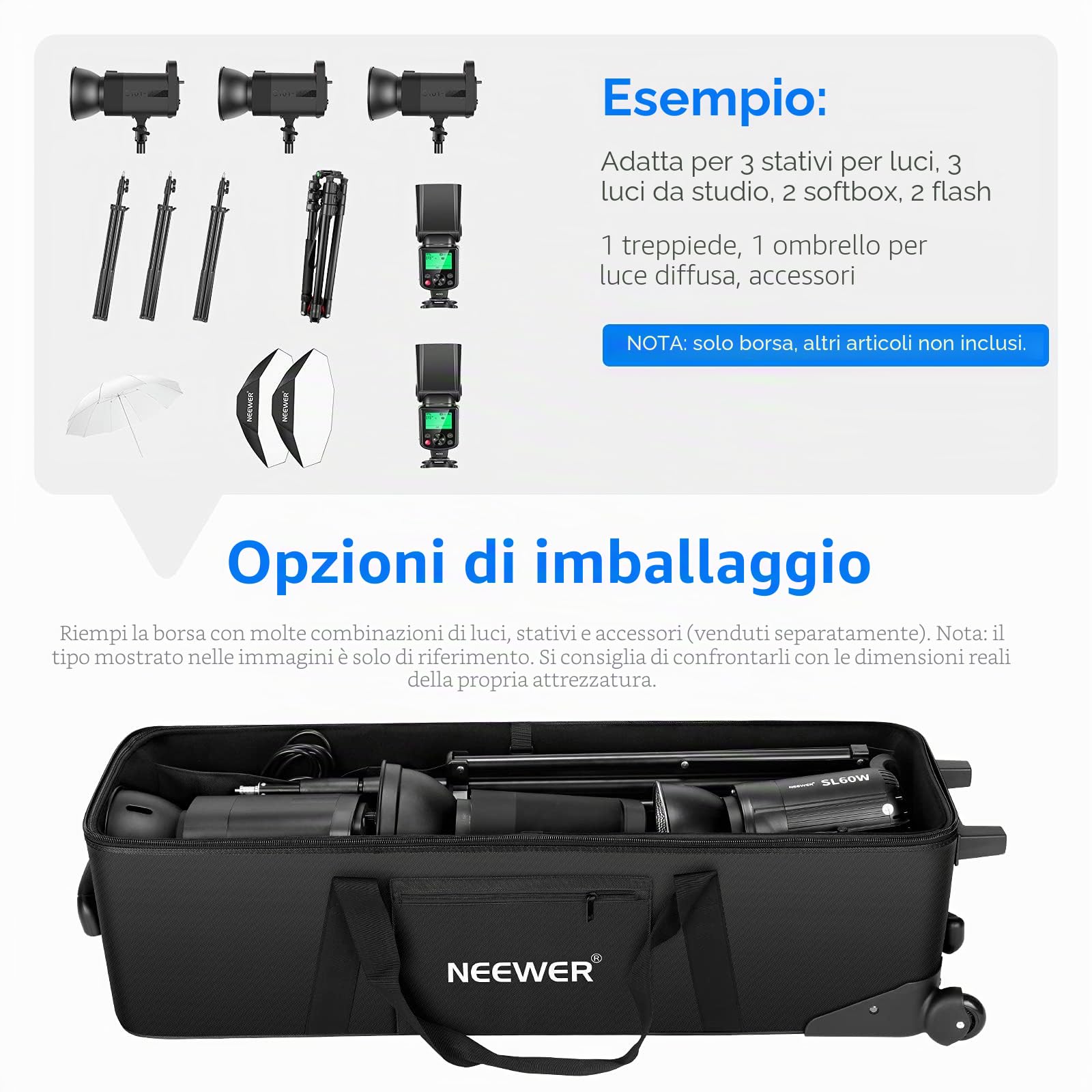 NEEWER Attrezzature per studio fotografico, borsa per il trasporto per supporto leggero, treppiede, luce flash, schermo da studio, studio fotografico, ecc (NW-B01)