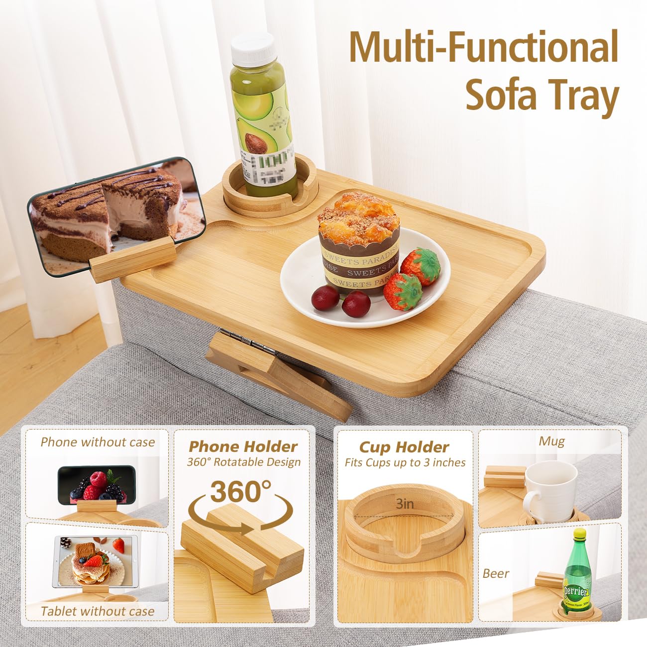 Plateau pour Accoudoir de Canapé, Table Bras de Canapé Rotation 360° avec Porte téléphone et Tasse, Accoudoir de Canapé pour Accès Facile, Porte-Tasse de Canapé pour Snacks, Téléphone, Contrôle