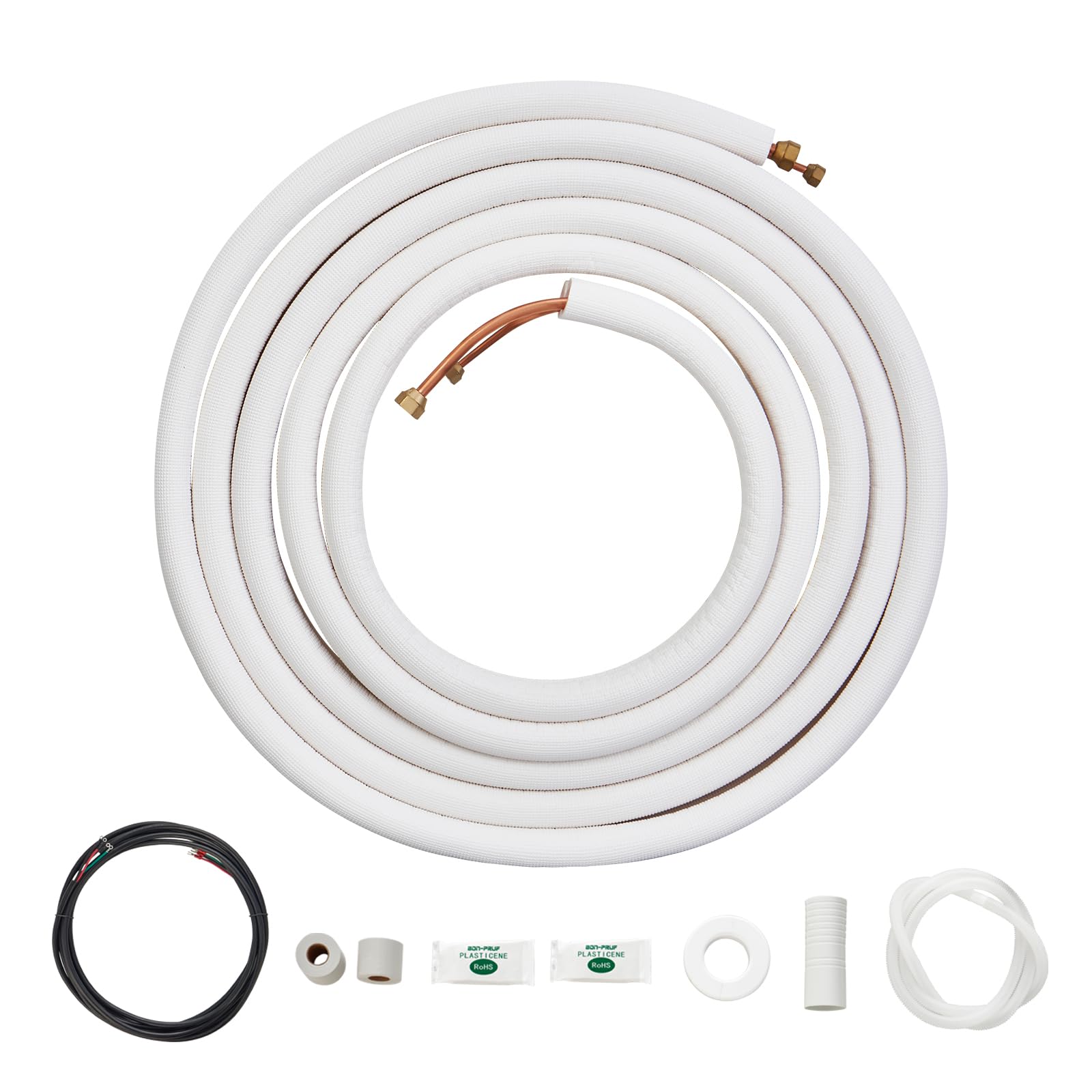 VEVOR 25FT Mini Split Line Set, 1/4" & 3/8" O.D Copper Pipes Tubing and Triple-Layer Insulation, for Air Conditioning or Heating Pump Equipment & HVAC with Rich Accessories (27ft Connection Cable)
