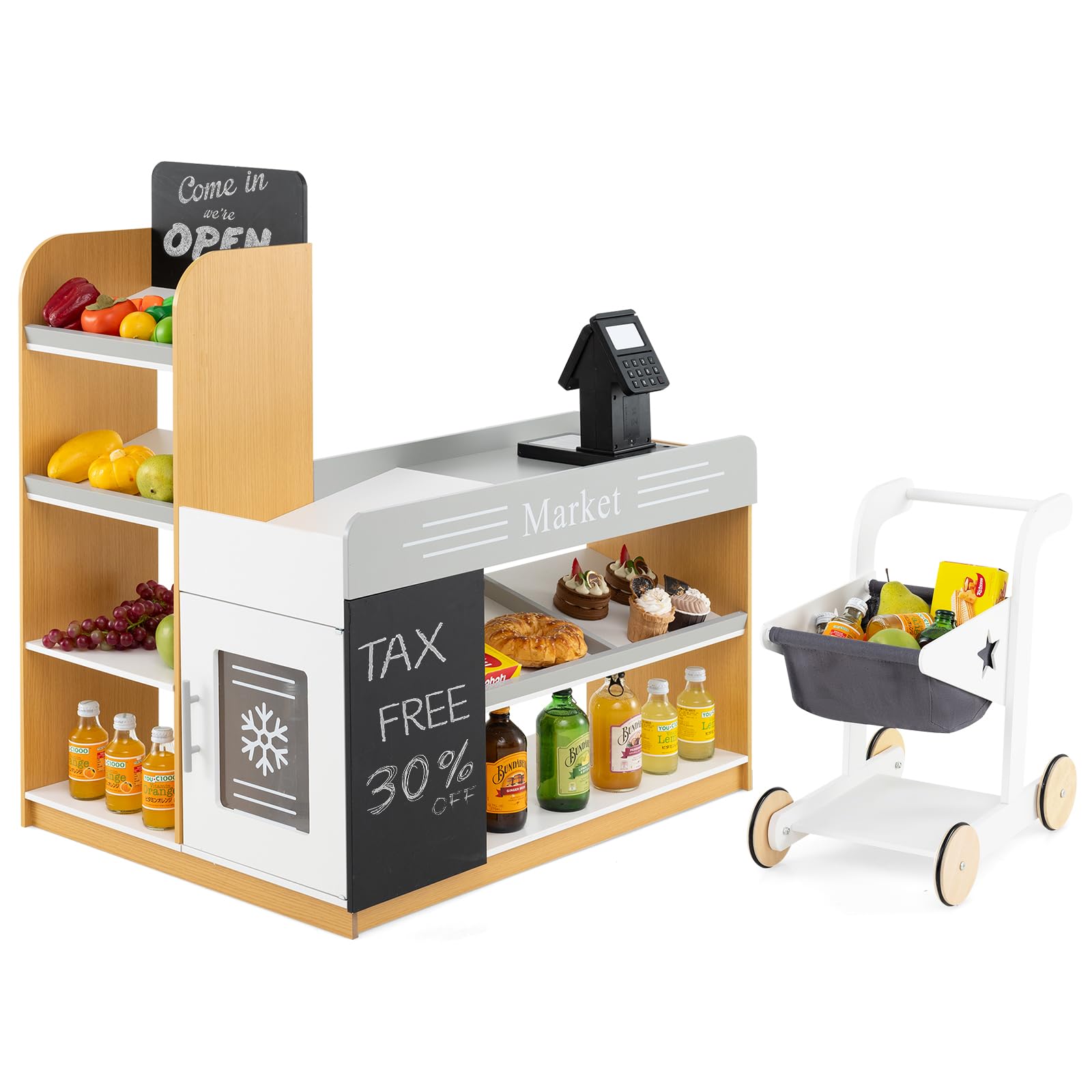 GLACER Grocery Store Pretend Play, Wooden Play Store for Kids with Shopping Cart, Scanner, Register, Chalkboard, Money Box, Toddler Grocery Store Playset with Refrigerator, Shelves for Boys Girls