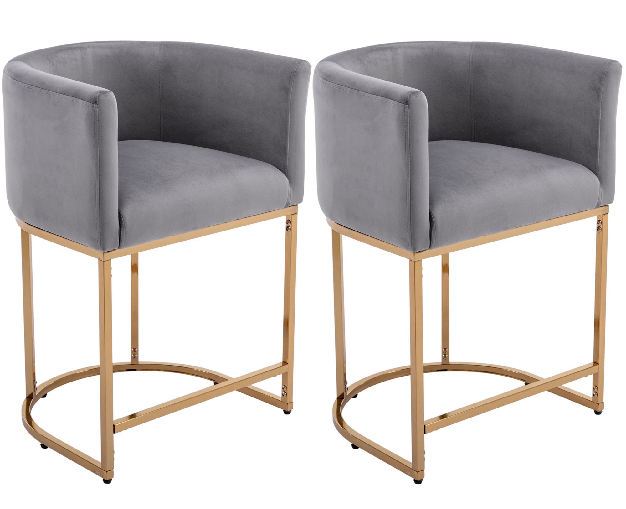 VESCASA 24" H Velet Counter Height Bar Stool with Barrel Back and Arms, 4.5" H Upholstered Seat Cushion Chair with Gold Metal Frame for Kitchen Island, Set of 2, Light Grey
