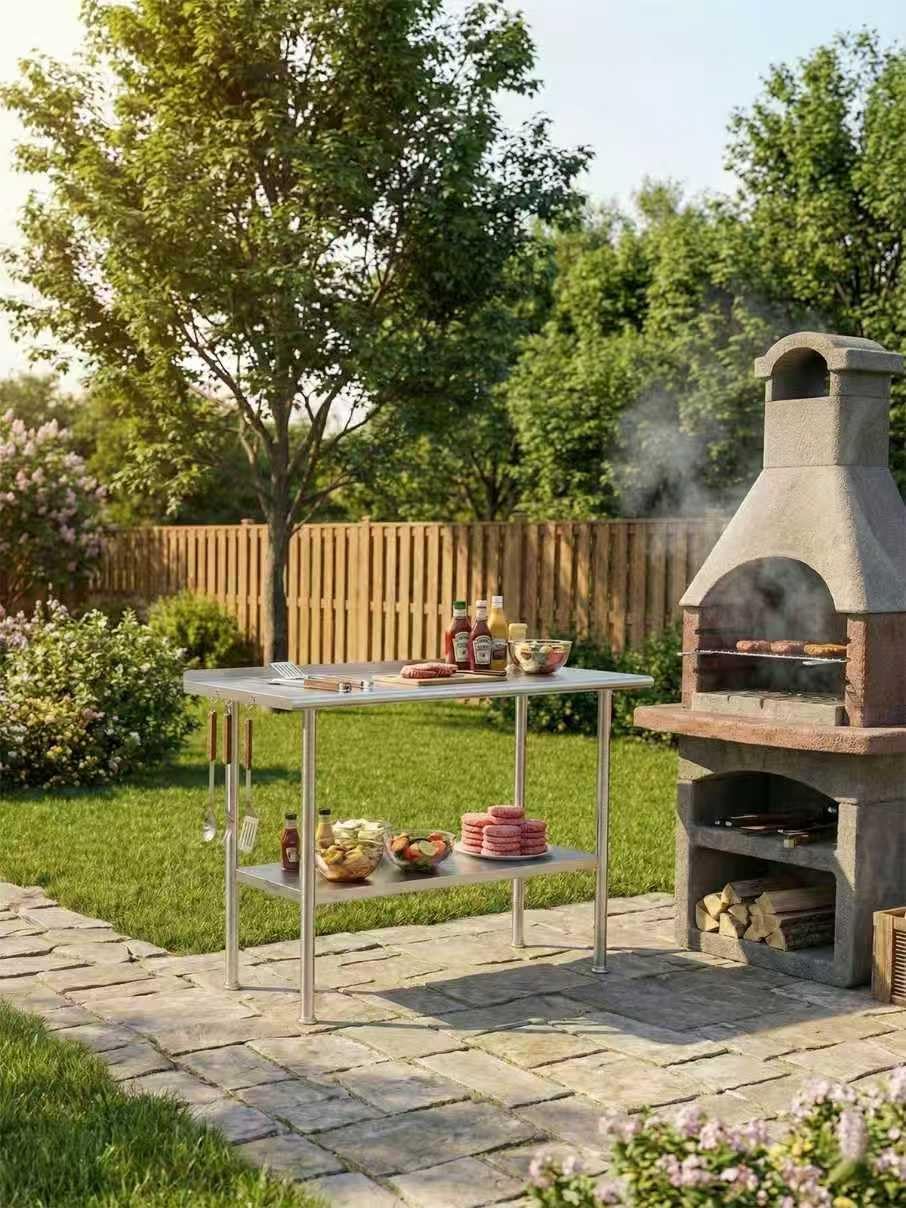 All-Stainless Steel Prep Table, 24 X 48 Inch, with Rounded-Corner Backsplash and Adjustable Undershelf, Heavy-Duty for Outdoor Use,Restaurants,Hotels,Workshops,Kitchens,Gardens, and Garages