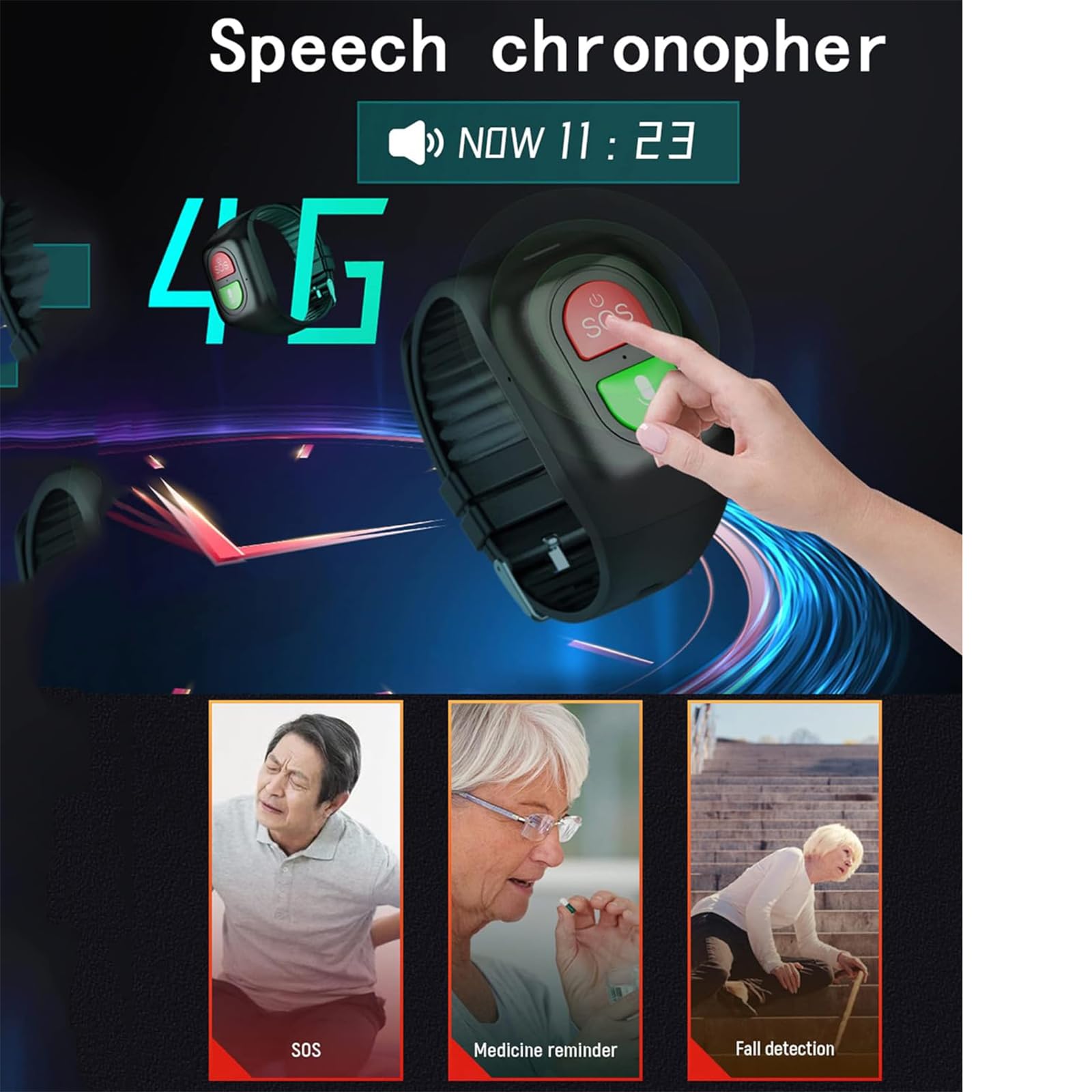 Reloj inteligente de detección de caídas para personas mayores, pulsera de seguimiento GPS con llamada de voz, SOS, geocerca, recordatorio de vibración, ideal para pacientes con demencia, Alzheimer