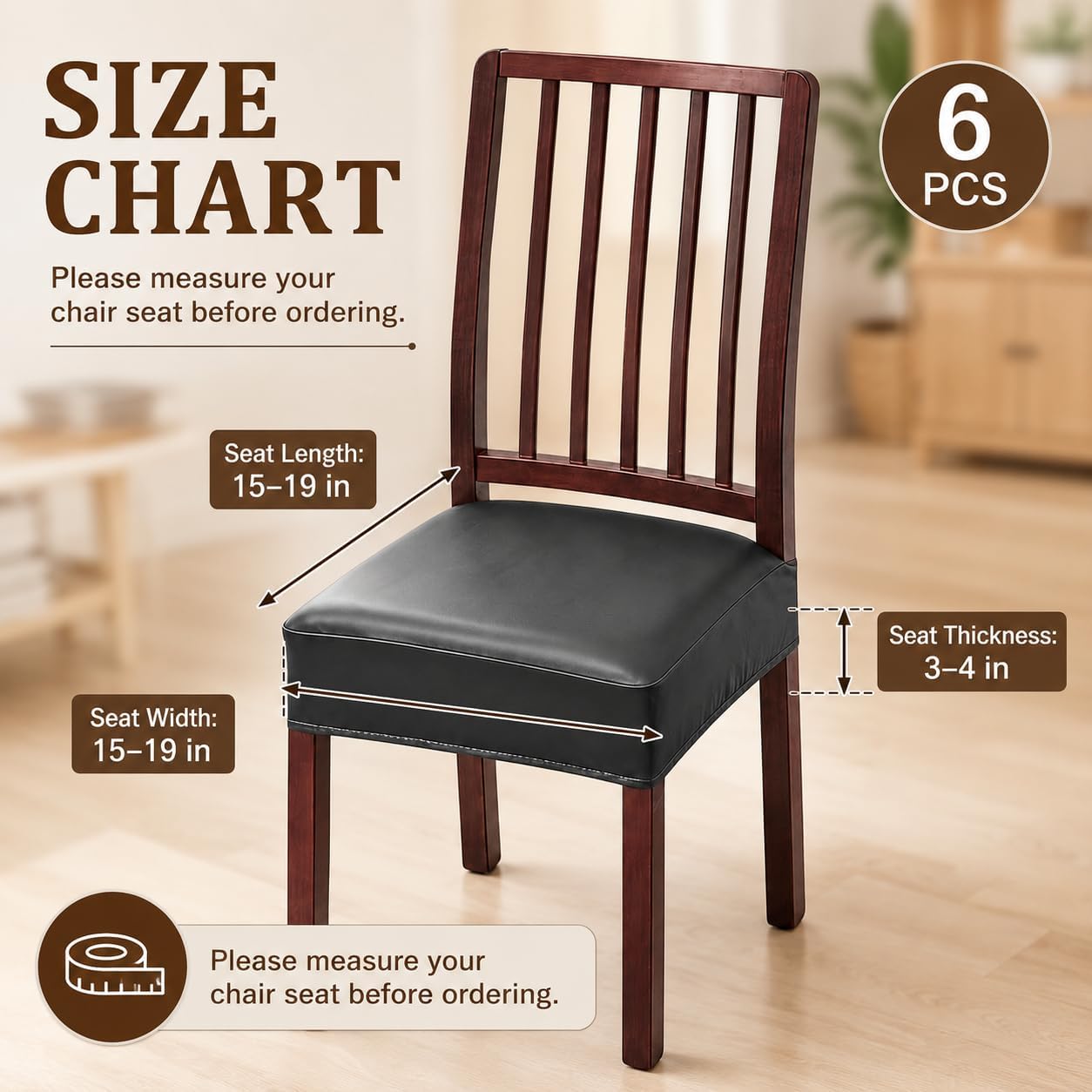 6 Pack Leather Chair Cover, Black PU Dining Chair Seat Covers, Stretch Fit Seat Covers for Dining Chairs, 15-19 Inch Chair Seat Slipcovers for Kitchen, Dining Room, Pets, Everyday Use