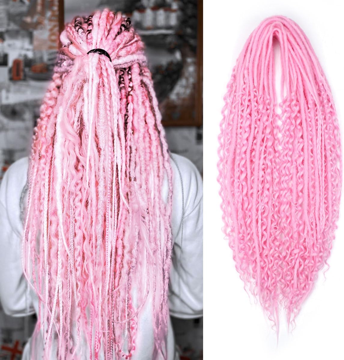 24 Inch 3 In 1 Dreadlock Extensions Sets, 30 Strands Mixed Hot Pink Synthetic DE Dreads Extensions, 100% Handmade Soft Double Ended Curly Boho Wavy Dreads for Girls