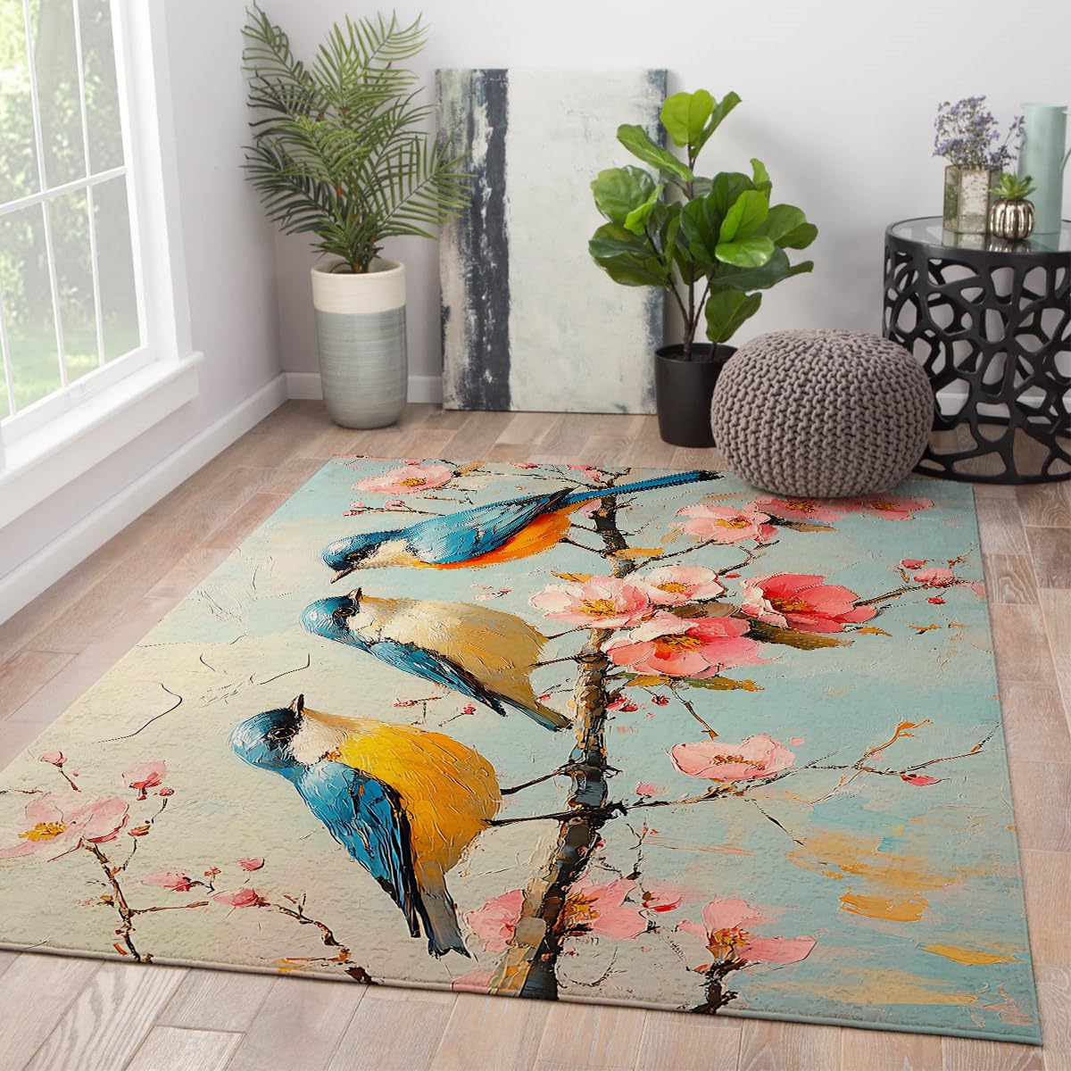 Grand tapis pour salle à manger motif branches d'oiseau floral rose