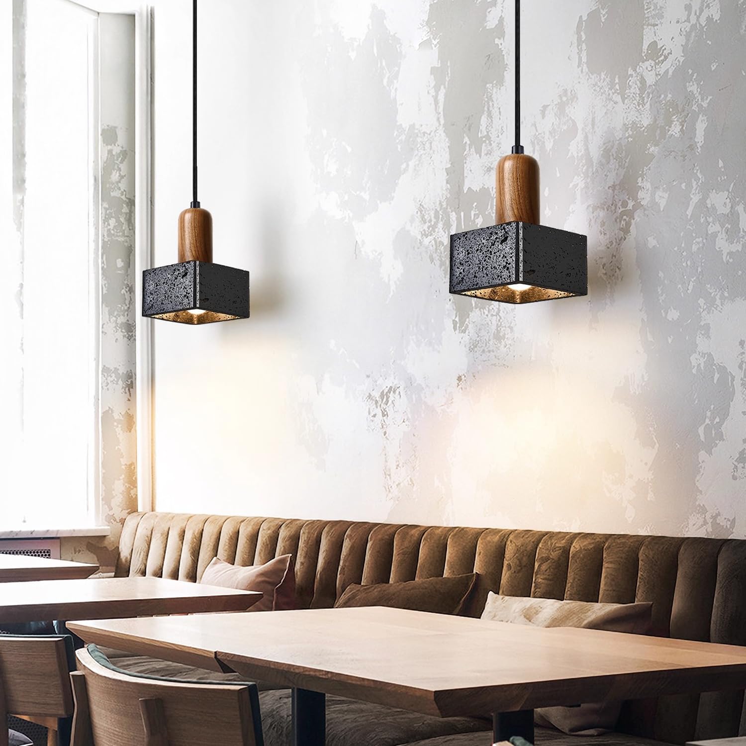 Lampa Wisząca Z Trawertynu Lampa Wisząca Kwadratowa 4,7 Cala Naturalny Porowaty Trawertyn, Sztuka Z Drewna, Podstawa E27 Wabi-sabi W Stylu Japońskim Do Domu, Korytarza, Kawiarni, Sklepu
