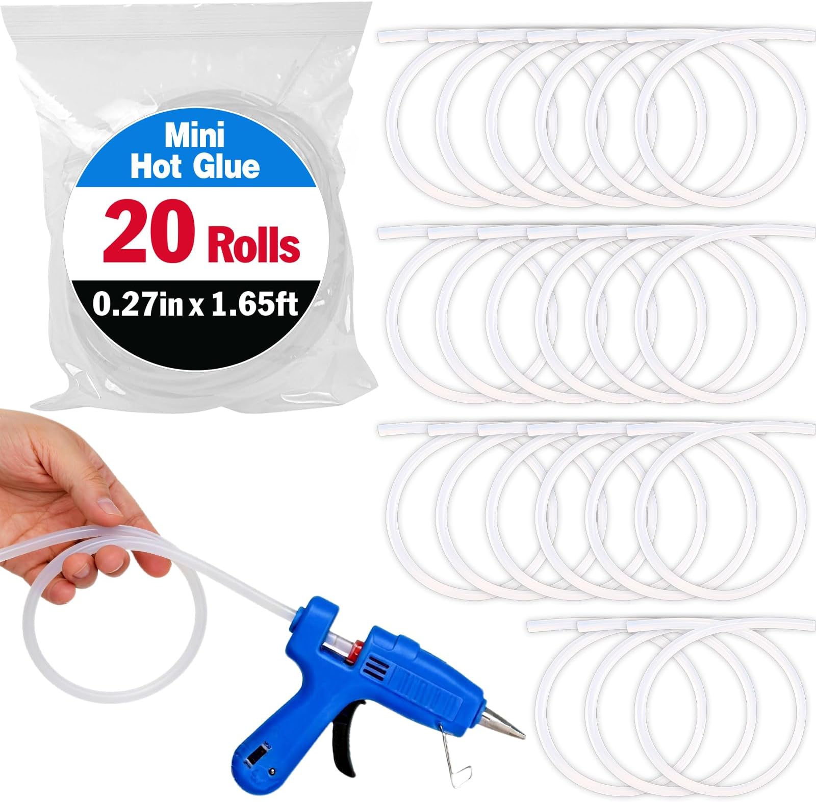 20 Pack Mini Hot Glue Stick Rolls, Each 1.65 FT Long x 0.27" Diameter Glue Sticks for Glue Gun, Perfect Fit for Mini Glue Guns, Widely Used in Wood, Metal, Glass, Plastic, Floral, Fabric, and More