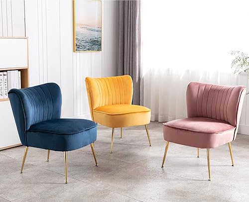 Miniatura 8 de Juego de 2 sillas decorativas de terciopelo azul con patas doradas, sillas laterales tapizadas modernas de mediados de siglo para habitación de