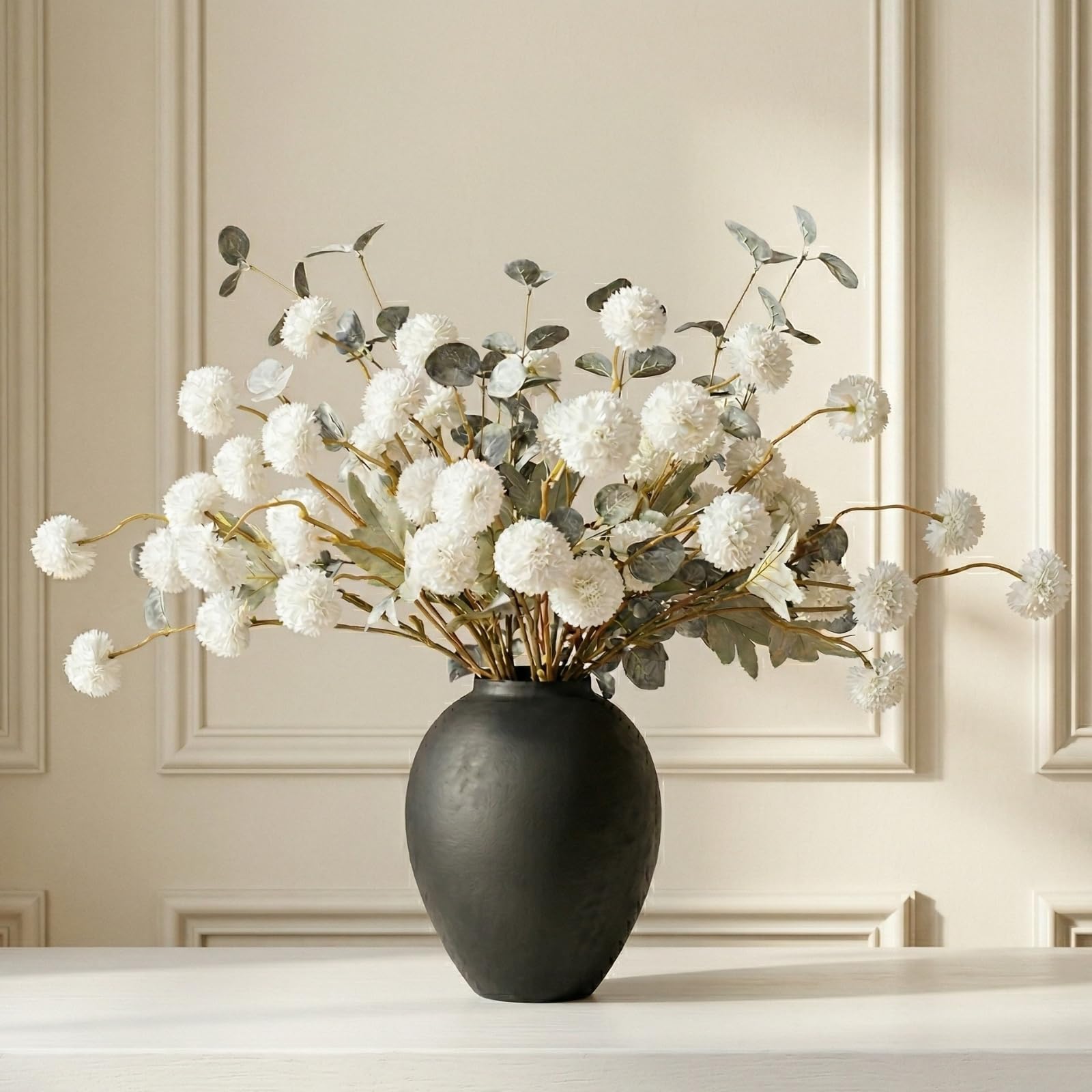 RyddeligHome White Faux Kiku Flowers for Vase - 10 Long Stem Artificial Flowers with Eucalyptus, Realistic Winter Floral Stems for Tall Vases, Farmhouse Home Decor (Premium Quality)