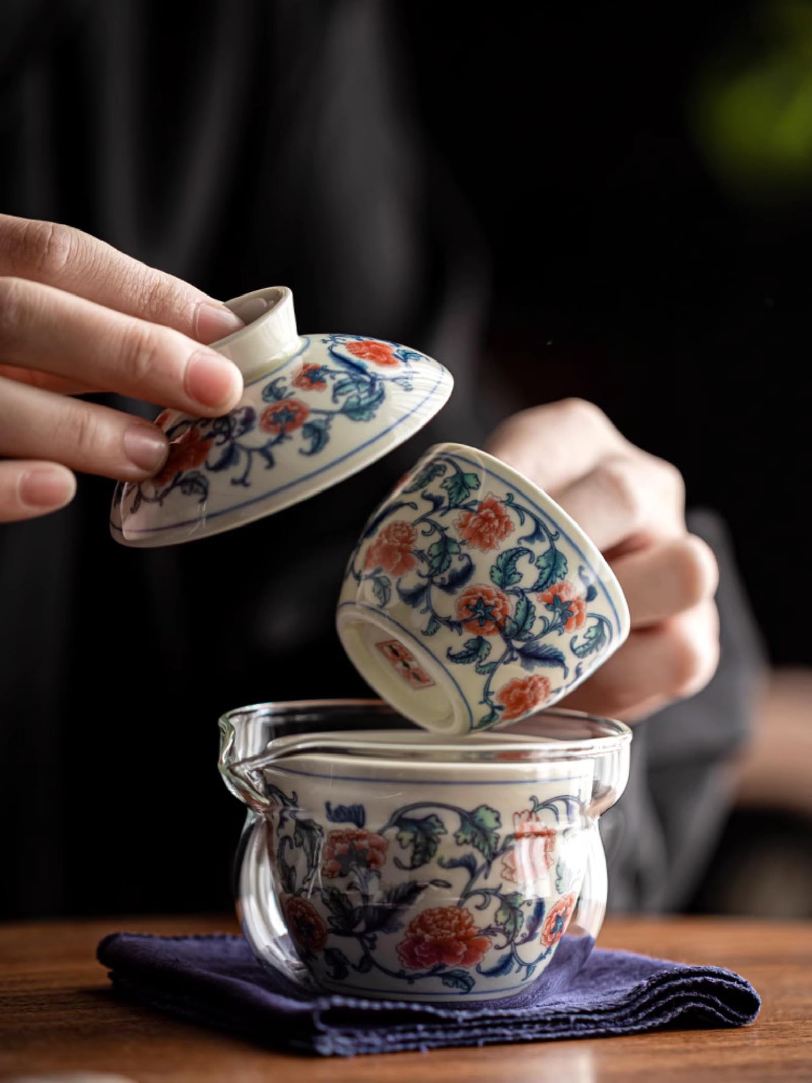 Ręcznie rysowany retro kwiat szklany czajniczek ręczny czajniczek 4 szt. zestaw, 125 ml 4 uncje, podróż na zewnątrz przenośny zestaw do herbaty kungfu