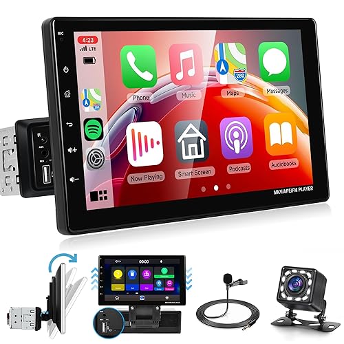 9‘’ Single Din Touch Screen Car Stereo Carplay Android Auto, Rimoody Detachable Car Radio with Bluetooth FM Radio Mirror Link TF/USB/AUX Input Car Multimedia Player + Backup Camera