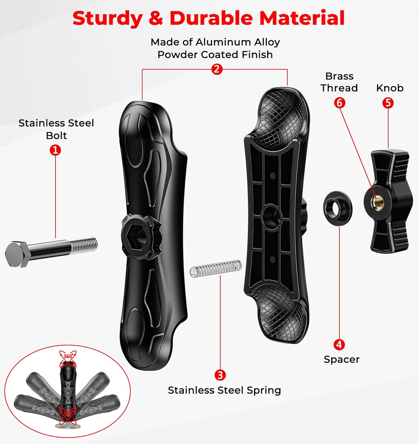 2.25" Ball Large Double Socket Arm, 8.44" Length Aluminum Alloy Heavy-Duty Medium Arm, Compatible with RAM Mounts D Size 2.25" Ball Components, for Fish Finder Mount, Marine Electronic Mount