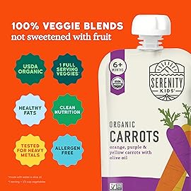 Serenity Kids 6+ USDA Months Organic Carrot Veggie Puree Baby Food Pouches - 3.5 oz Pack of 12 - Organic, BPA-Free & Allergen Free - No Sugary Fruits & No Added Sugar - 3.5 Oz, 12 Pack