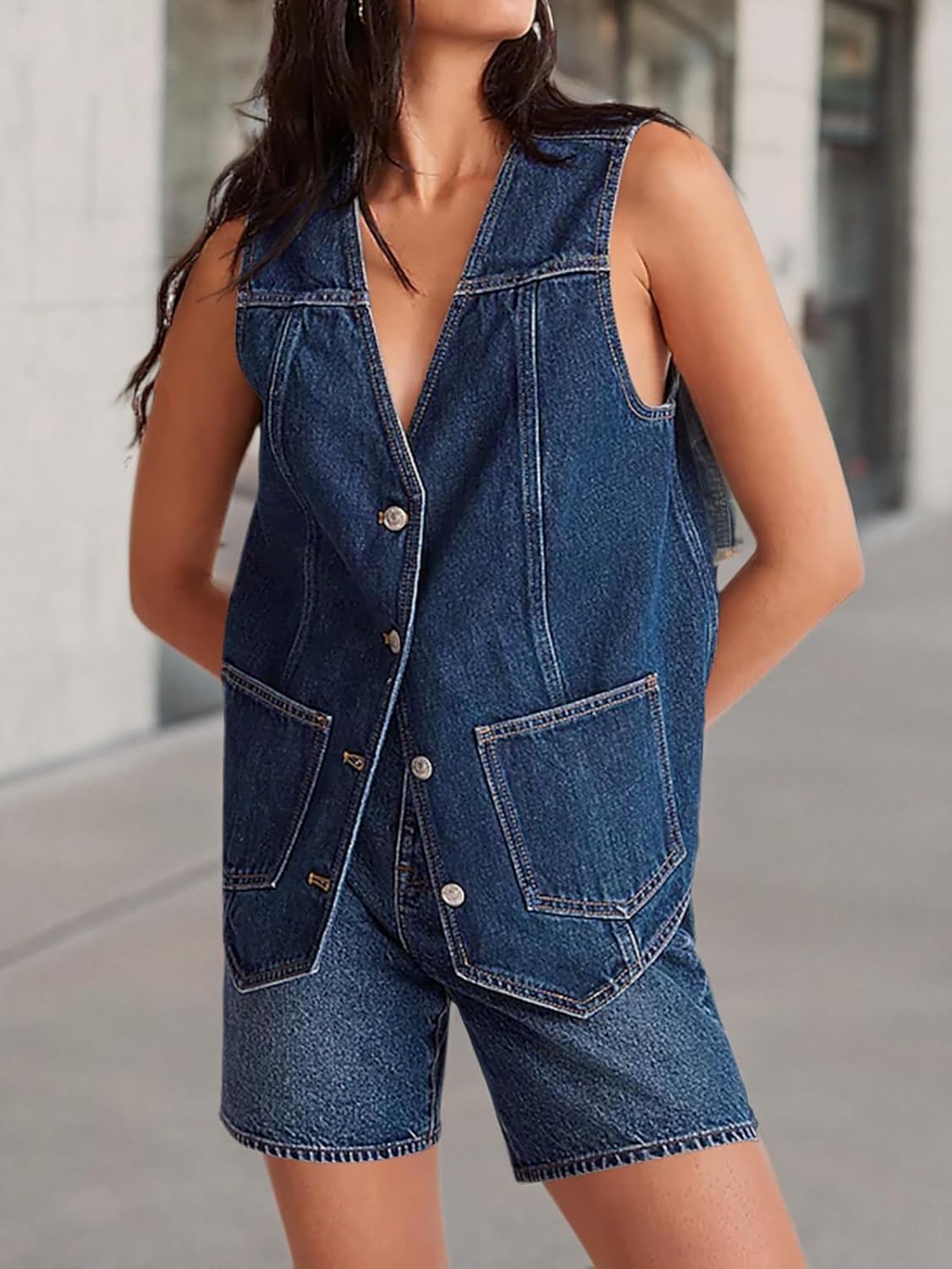 Tankaneo Denim Vest for Women Casual V Neck Button Down Sleeveless Jean Jacket - Image 6