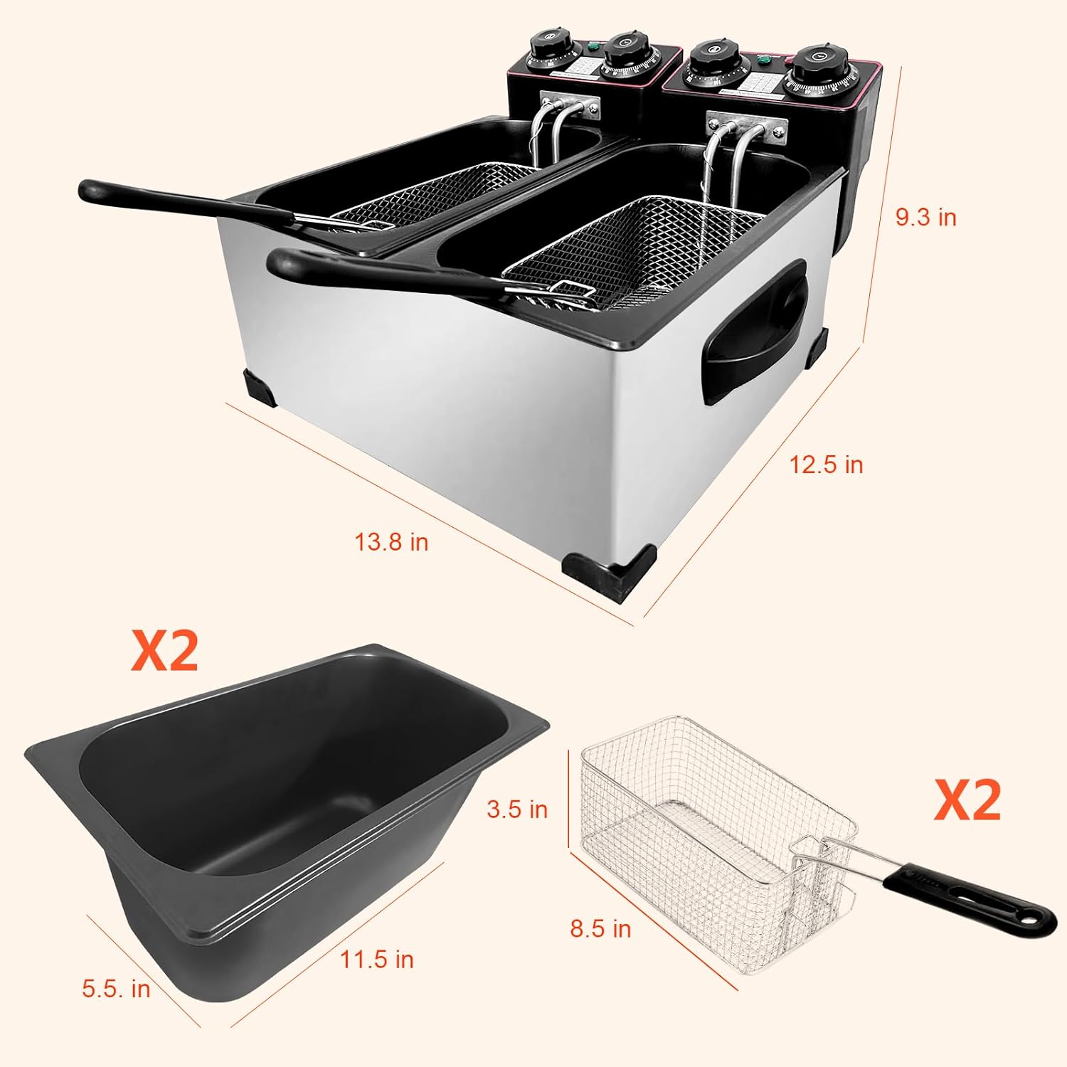 Deep Fryer with Basket, 5.4QT/6L Fryer Pot with Basket, 2600W Double Deep Fryer with 2 Baskets, Timer Control Adjustable Temperature,Lid with Viewing Window, Perfect for Home, Fry Fish