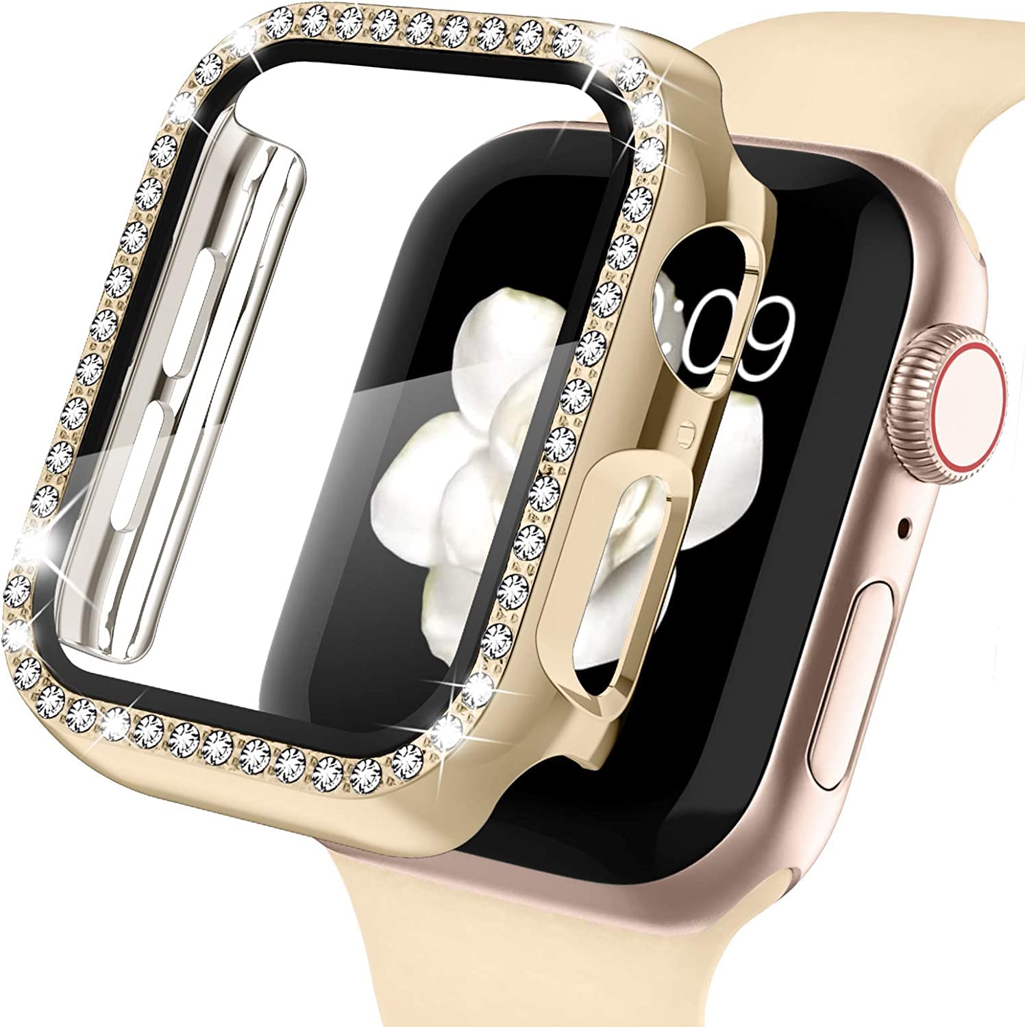 Sponsored Ad - AMiRiTE ADW03 Case Bumper Cover with Tempered Glass Screen Protector Compatible with Apple iWatch Bling Diamond Rhinestone Case for All Watch Series (45MM, Gold - Diamond)