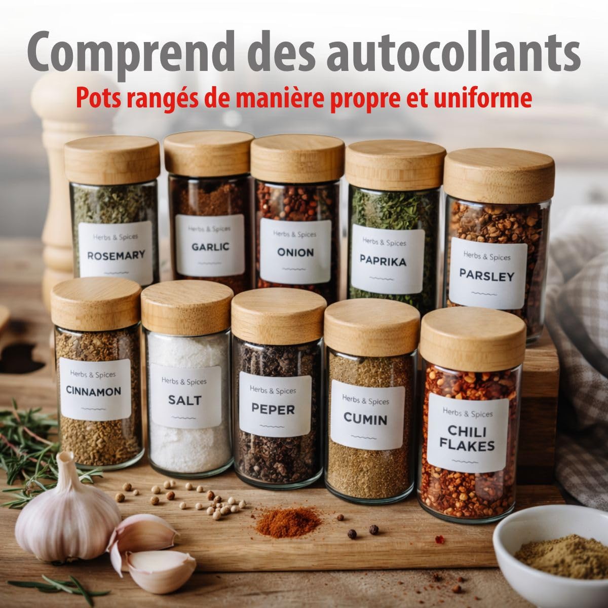 alpina Pot Epices Verre Lot de 12 - Petit Pot en Verre avec Couvercle Bambou et Doseur - Rangement Cuisine et Rangement Epices