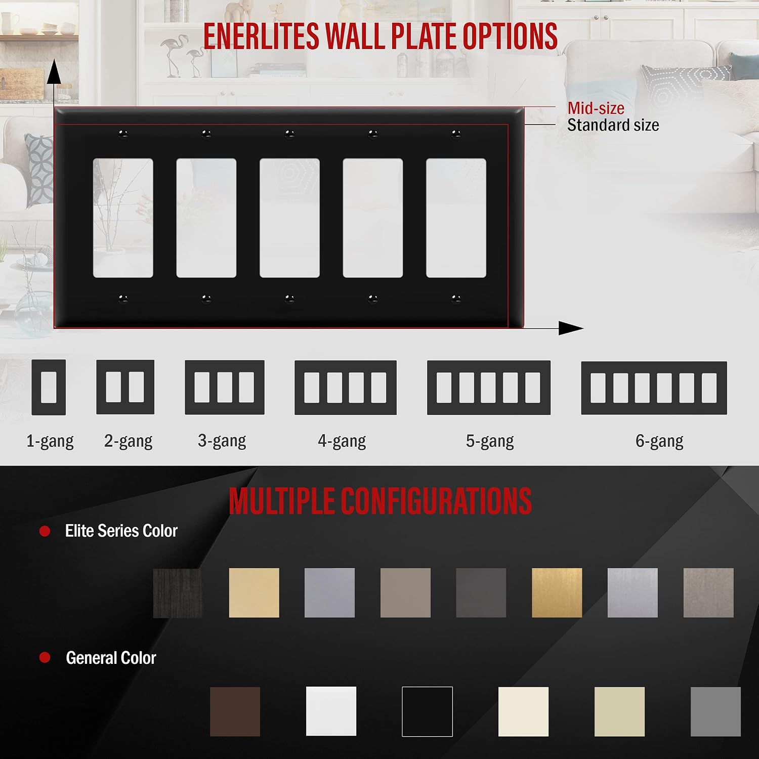 ENERLITES Decorator Switch Cover, Five Gang Outlet Wall Plate, Gloss Finish, Mid-Size 5-Gang 4.88" x 10.03", Unbreakable Polycarbonate Thermoplastic, UL Listed, 8835M-BK, Black