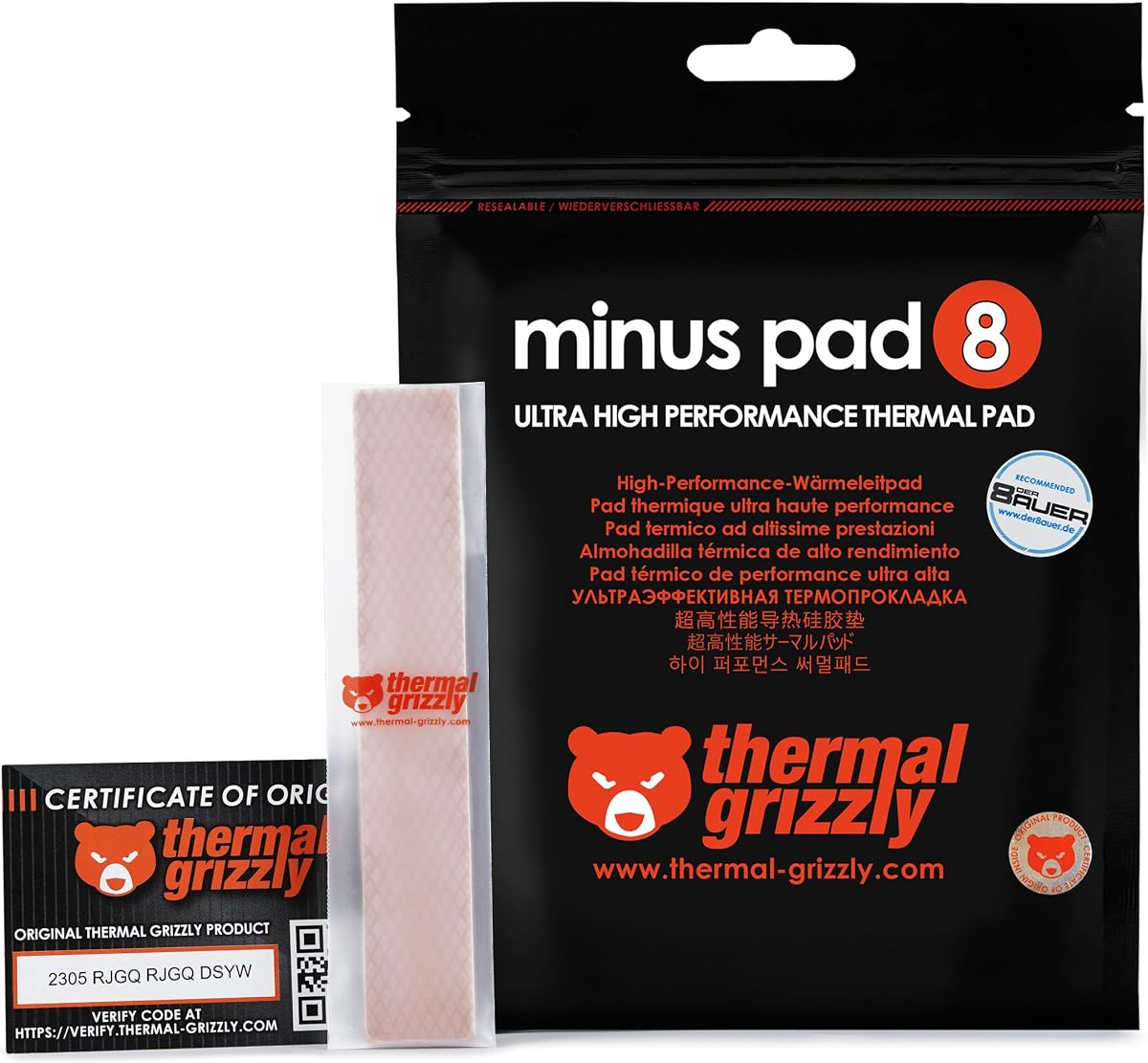Thermal Grizzly Minus Pad 8-120x20x1.0mm Paquete de 2 almohadillas de interfaz térmica, eléctricamente no conductoras, alta conductividad térmica y compresibilidad para SSD, GPU y electrónica