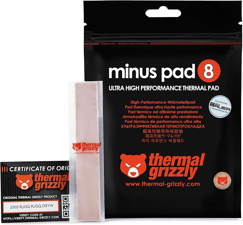 Thermal Grizzly Minus Pad 8-120x20x1.0mm Paquete de 2 almohadillas de interfaz térmica, eléctricamente no conductoras, alta conductividad térmica y compresibilidad para SSD, GPU y electrónica