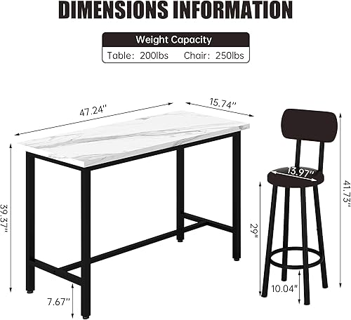 Miniatura 3 de DKLGG Juego de mesa de comedor rectangular de 47 pulgadas para 2 personas con mesa de MDF y sillas de piel sintética, juego de bar para cocina