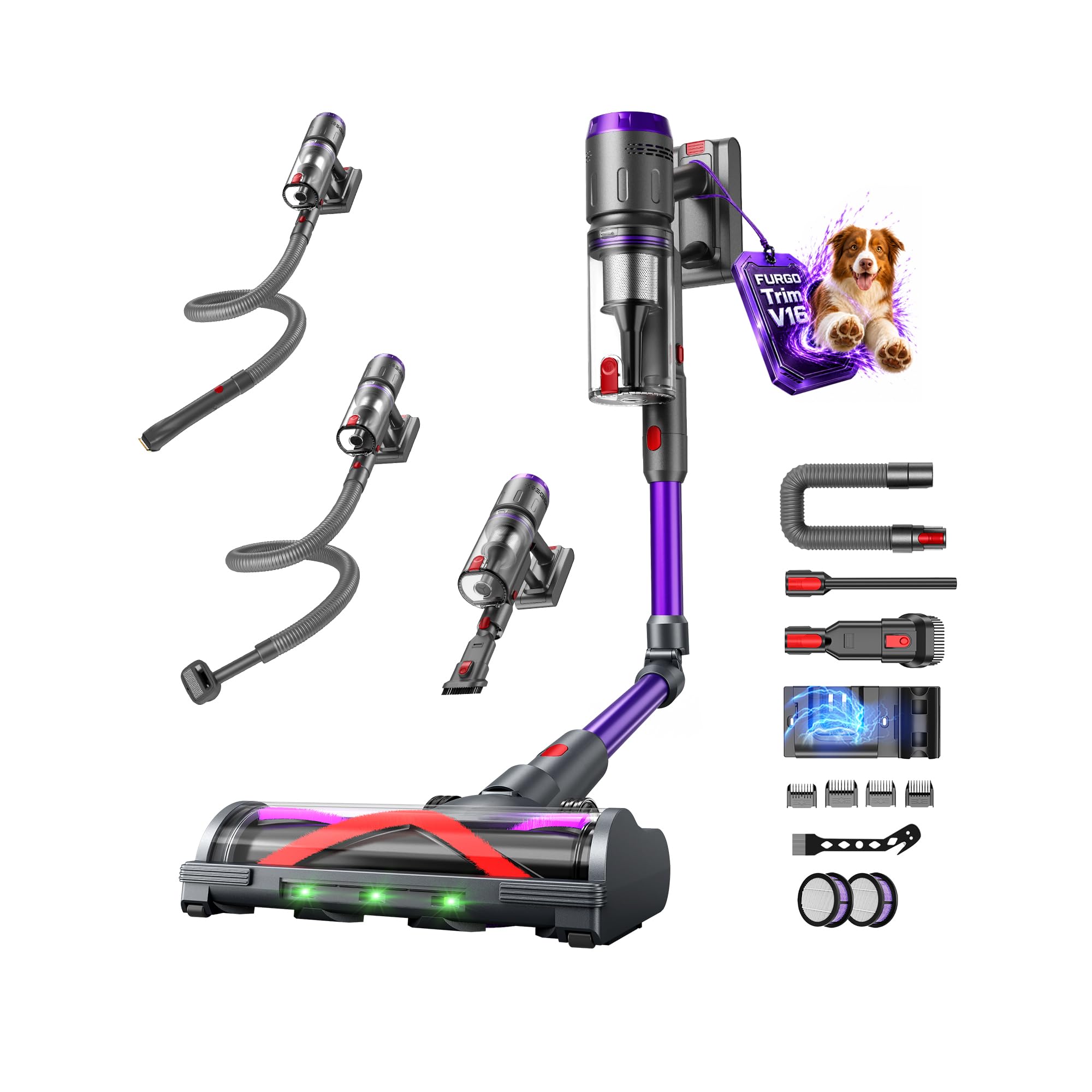 Aspiradora Sin Cable 58000Pa/600W/75Min, Escoba Aspiradora sin Cable con Brazo Flexible, Manguera de 1m, Cortapelos y Cepillo para Mascotas, Ideal para Suelos, Alfombras, Pelo de Mascotas