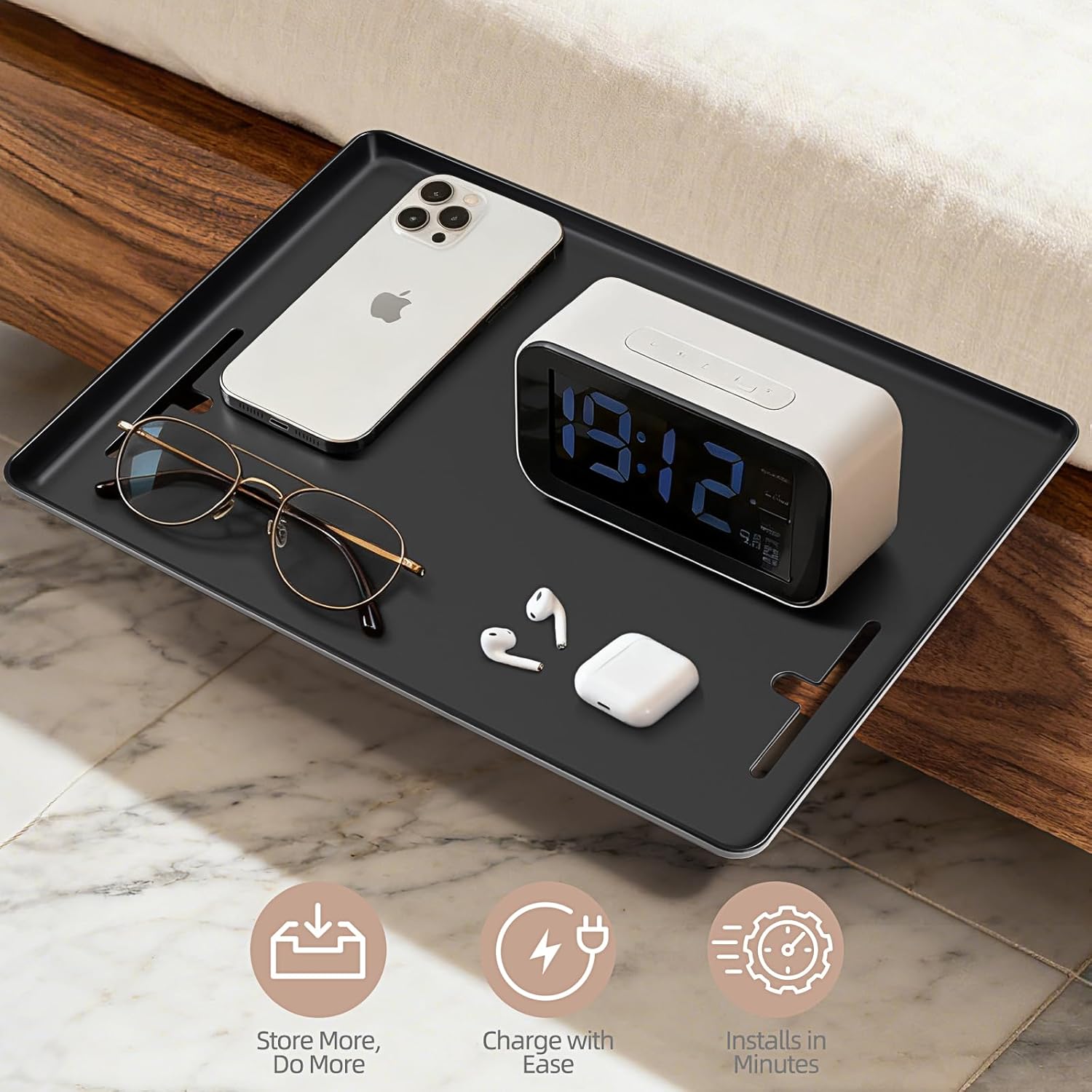 Bedside Shelf Dorm Bunk Bed, Bedside Caddy Shelf Dorm Bed, No Drill College Nightstand Organizer for Personal Items Books Glasses Apartment Bedroom Compact Space Solution Small+Black - Image 7