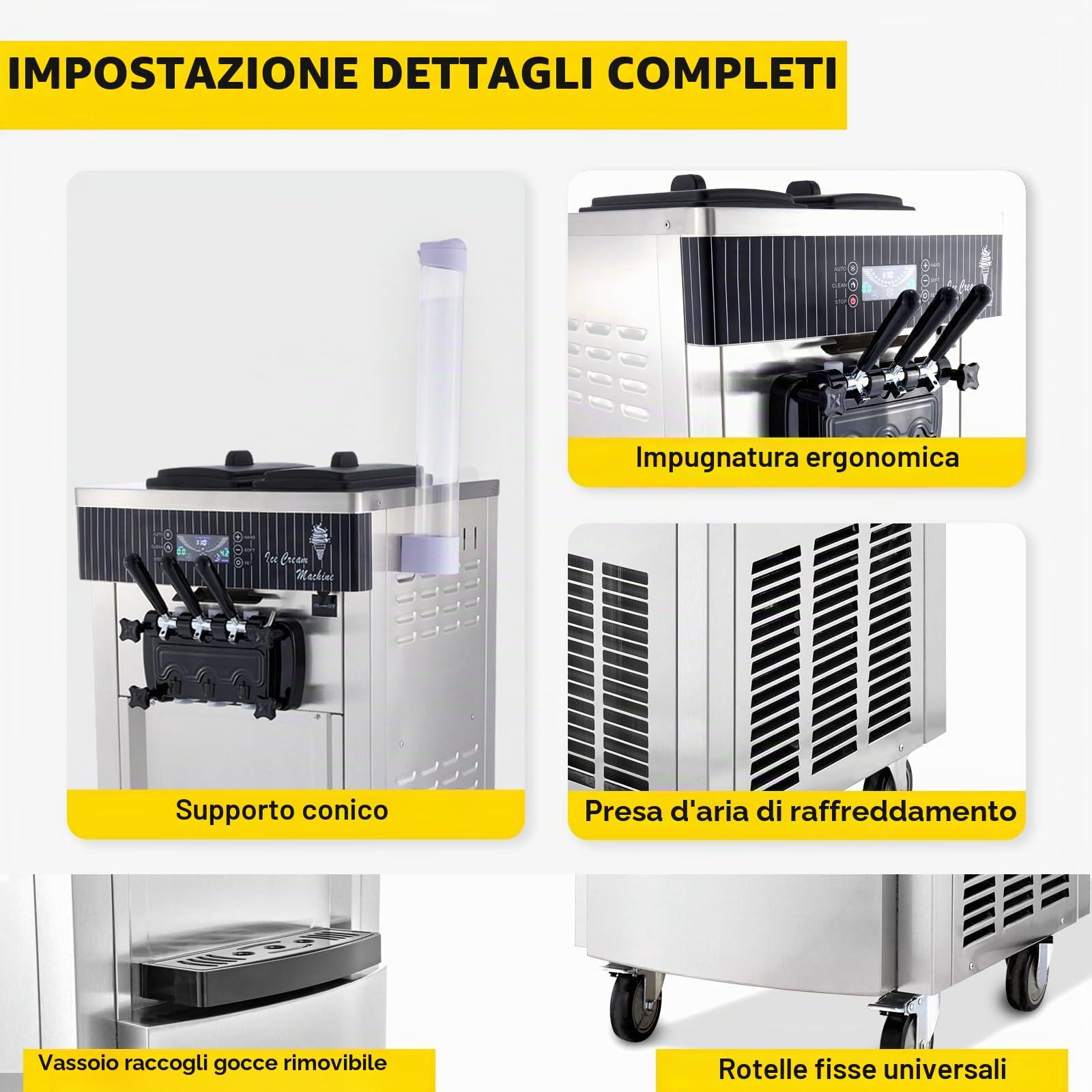 Macchina per Gelato soft professionale 2200W 20-28L/h 3 Gusti Macchina per Gelato Capienza 6Lx2 Pannello LCD Pulizia Automatica per Bar Ristorante Yogurt Caffè Hotel